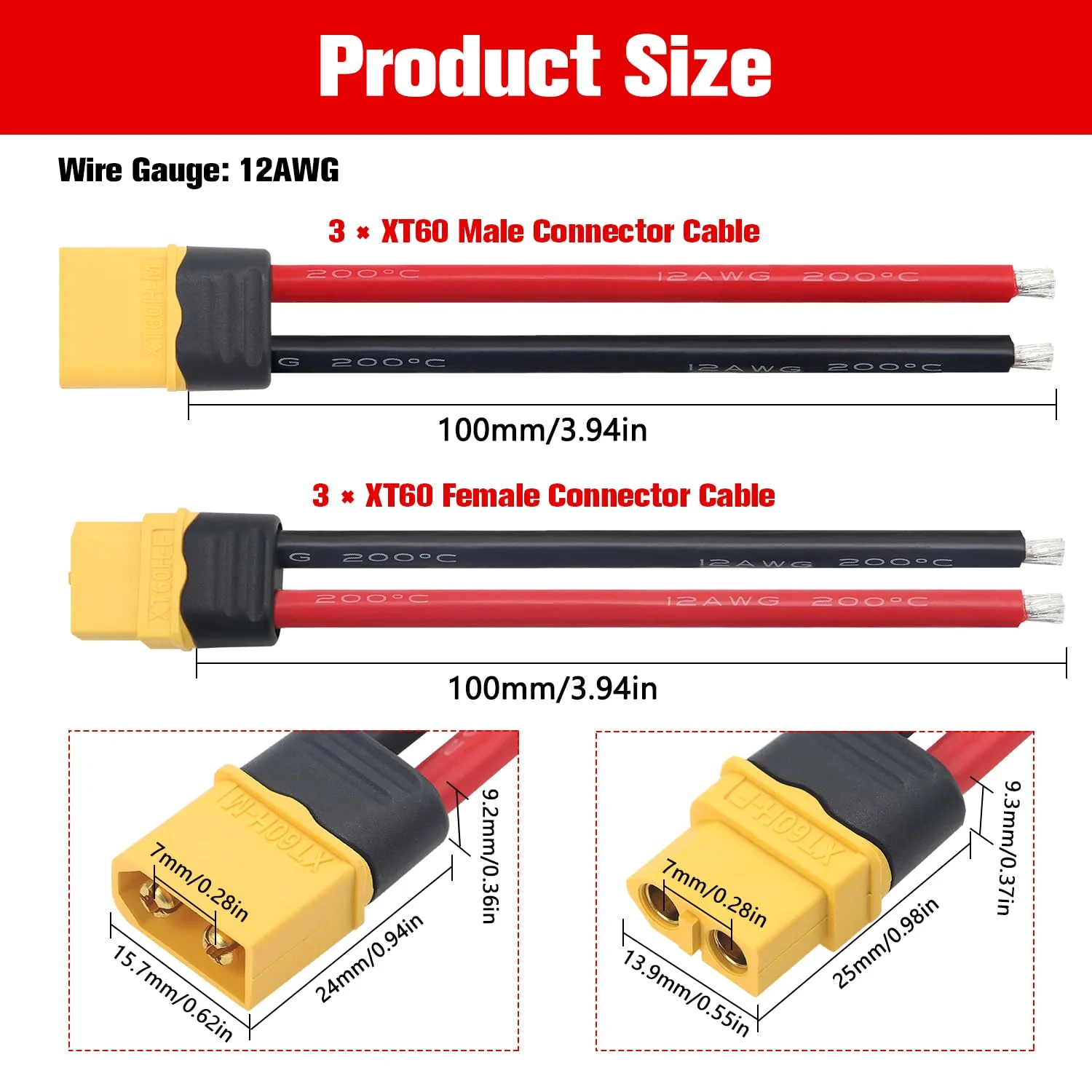 YIXISI 3 Paar XT60 XT60H Stecker Männlich Weiblich Stecker, XT60H Plug Male Female Connector mit Mantel Gehäuse Stecker, mit 100mm 12AWG Silikondraht, für RC Lipo Batterie FPV Drohne - Image 6