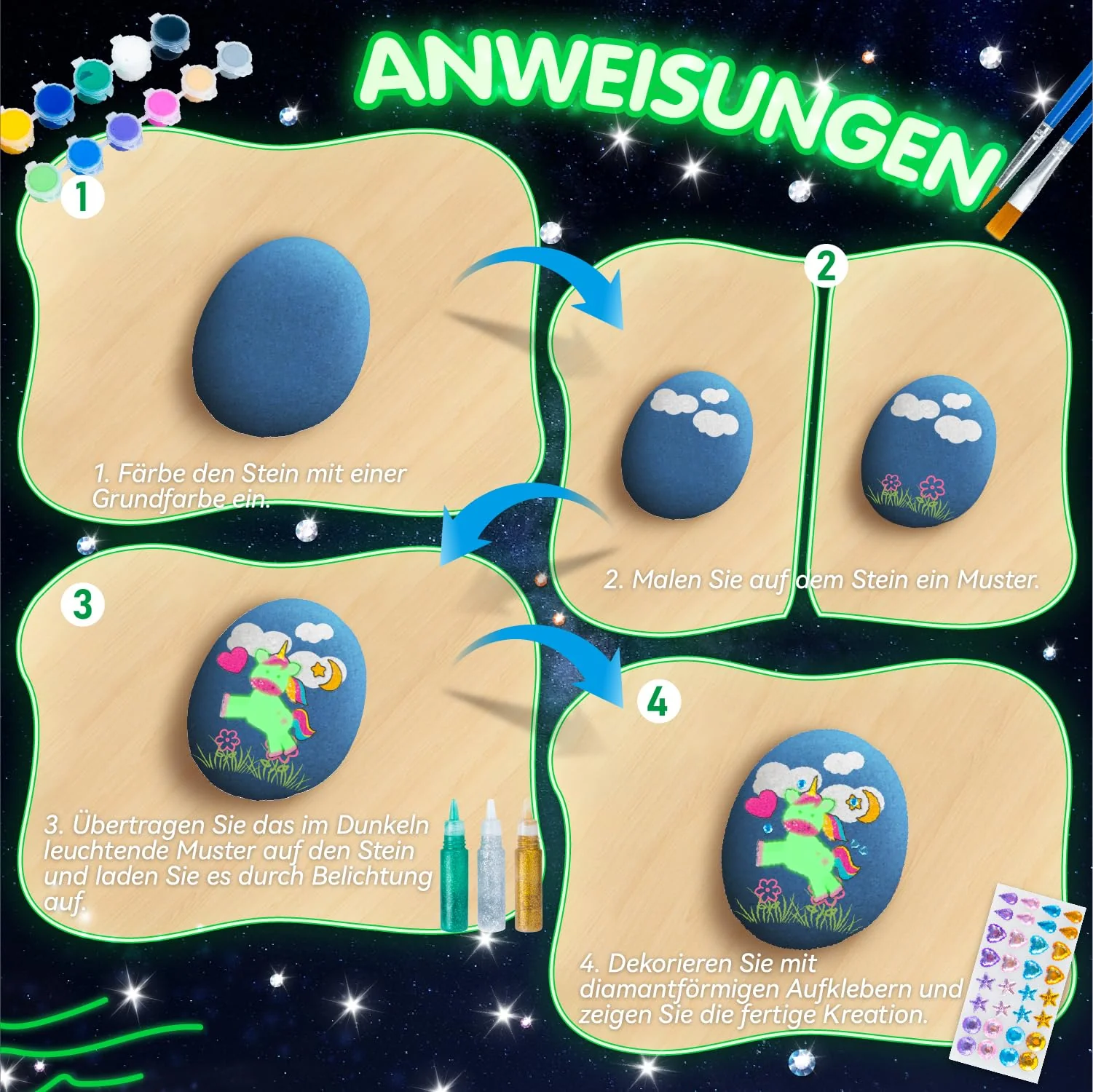 Yneze Steine Bemalen Bastelset für Mädchen 3-12 Jahre – Mit Leuchtlackaufklebern & Metallic-Farben, Kreatives Kunsthandwerk Geschenk - Image 4