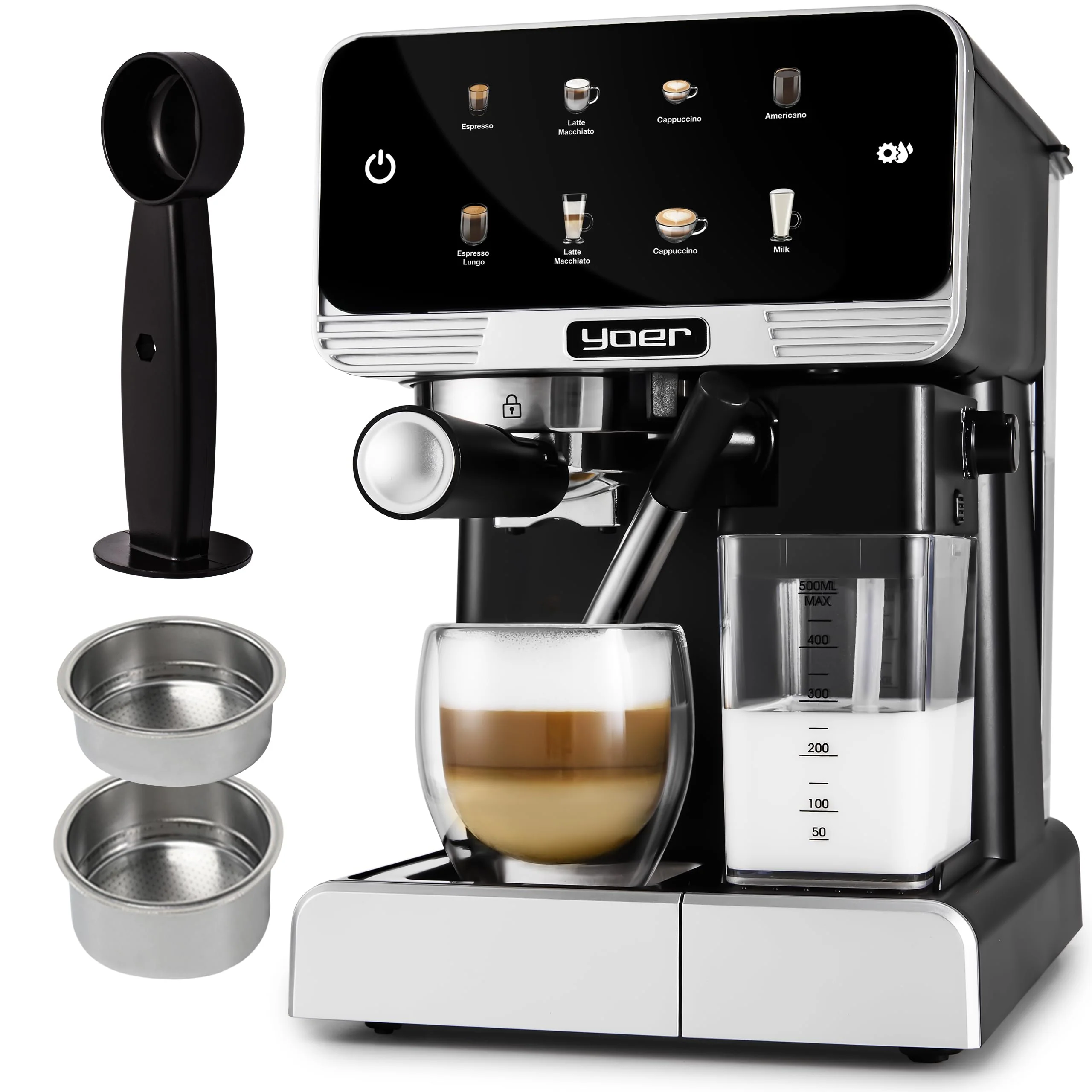 YOER Kaffeevollautomat mit automatischer Milchaufschäumer, 8 automatische Programme, Touchscreen, 20 bar, 1350W, Kaffeemaschine für Espresso, Cappuccino & Latte Macchiato, Creamo EMF03BK, schwarz