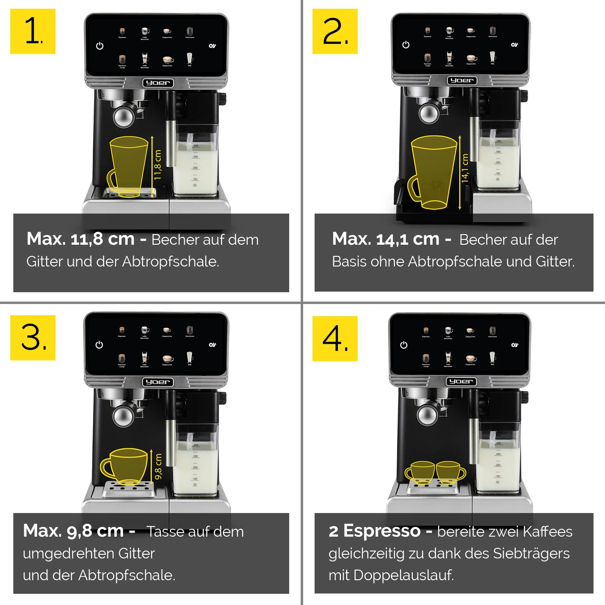 YOER Kaffeevollautomat mit automatischer Milchaufschäumer, 8 automatische Programme, Touchscreen, 20 bar, 1350W, Kaffeemaschine für Espresso, Cappuccino & Latte Macchiato, Creamo EMF03BK, schwarz - Image 4