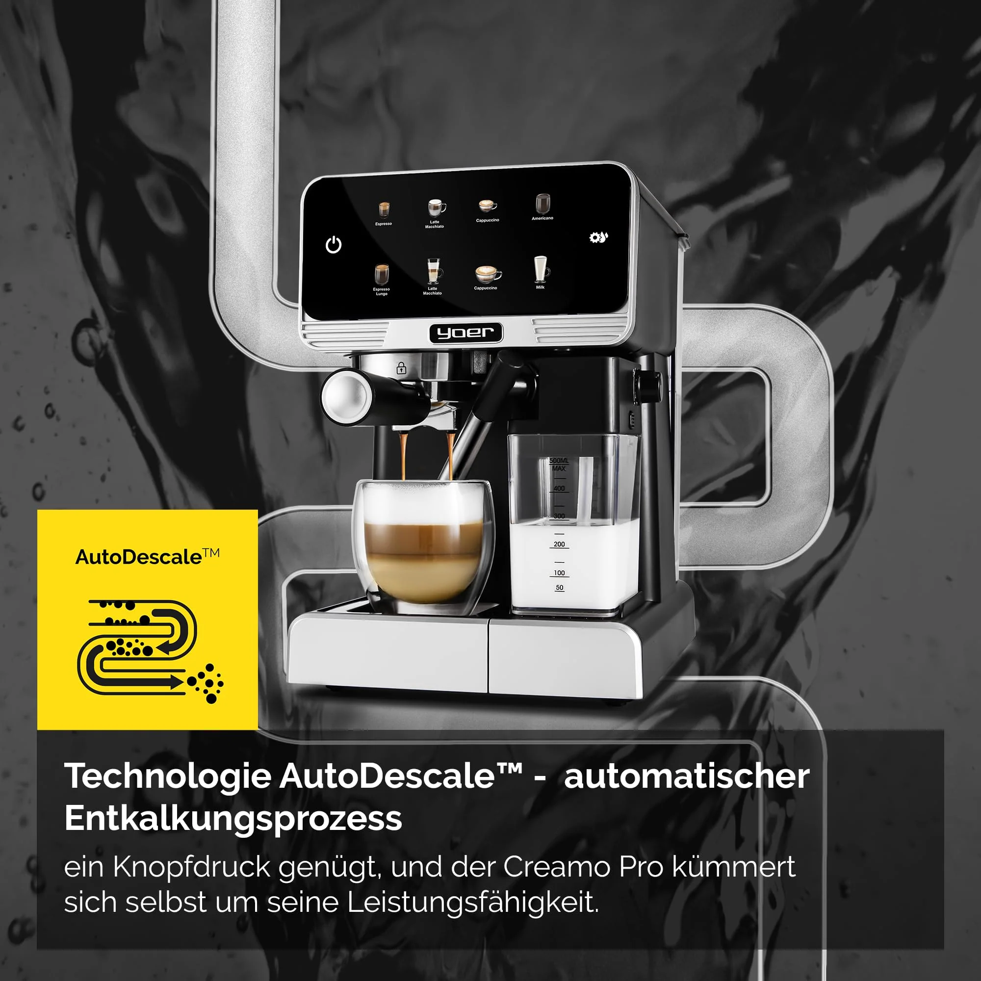 YOER Kaffeevollautomat mit automatischer Milchaufschäumer, 8 automatische Programme, Touchscreen, 20 bar, 1350W, Kaffeemaschine für Espresso, Cappuccino & Latte Macchiato, Creamo EMF03BK, schwarz - Image 5