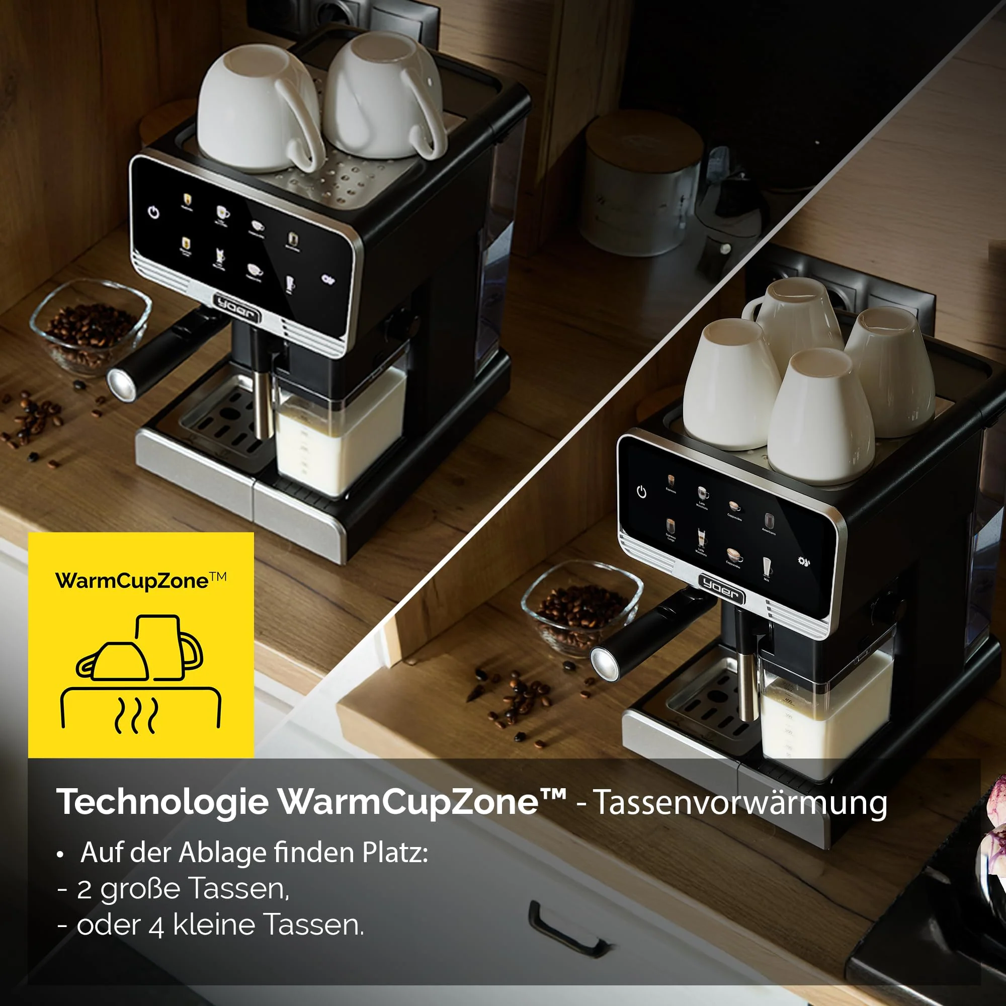 YOER Kaffeevollautomat mit automatischer Milchaufschäumer, 8 automatische Programme, Touchscreen, 20 bar, 1350W, Kaffeemaschine für Espresso, Cappuccino & Latte Macchiato, Creamo EMF03BK, schwarz - Image 6