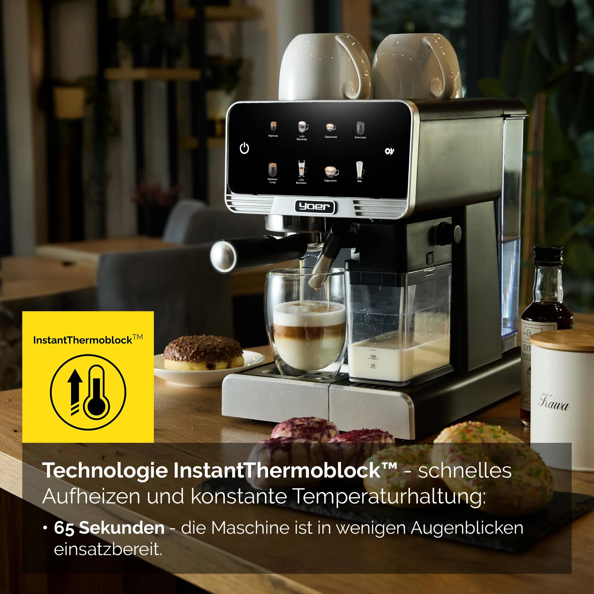 YOER Kaffeevollautomat mit automatischer Milchaufschäumer, 8 automatische Programme, Touchscreen, 20 bar, 1350W, Kaffeemaschine für Espresso, Cappuccino & Latte Macchiato, Creamo EMF03BK, schwarz - Image 7