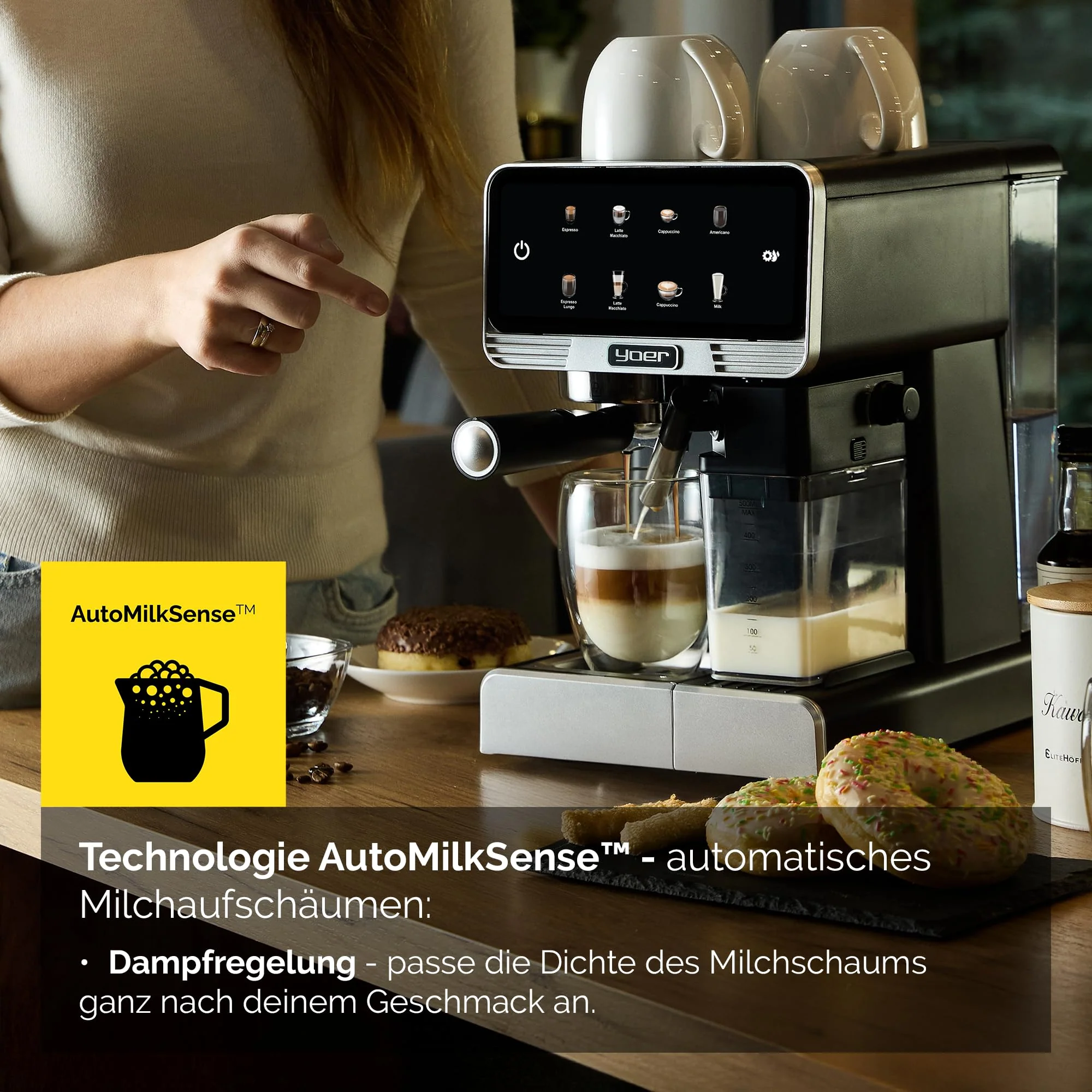 YOER Kaffeevollautomat mit automatischer Milchaufschäumer, 8 automatische Programme, Touchscreen, 20 bar, 1350W, Kaffeemaschine für Espresso, Cappuccino & Latte Macchiato, Creamo EMF03BK, schwarz - Image 8