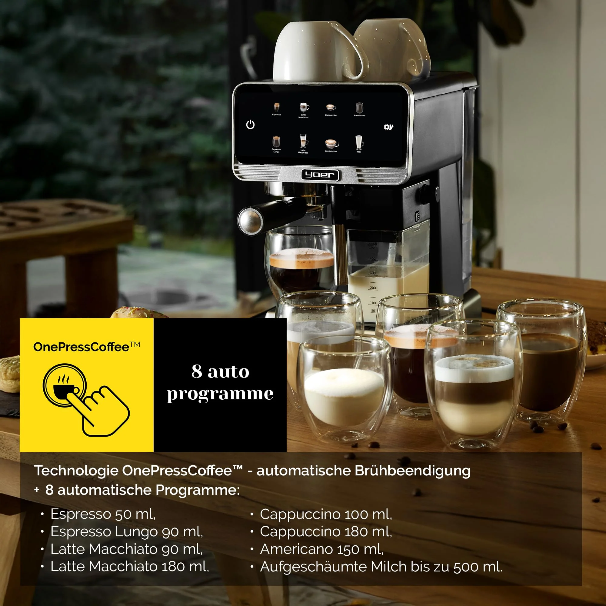 YOER Kaffeevollautomat mit automatischer Milchaufschäumer, 8 automatische Programme, Touchscreen, 20 bar, 1350W, Kaffeemaschine für Espresso, Cappuccino & Latte Macchiato, Creamo EMF03BK, schwarz - Image 9