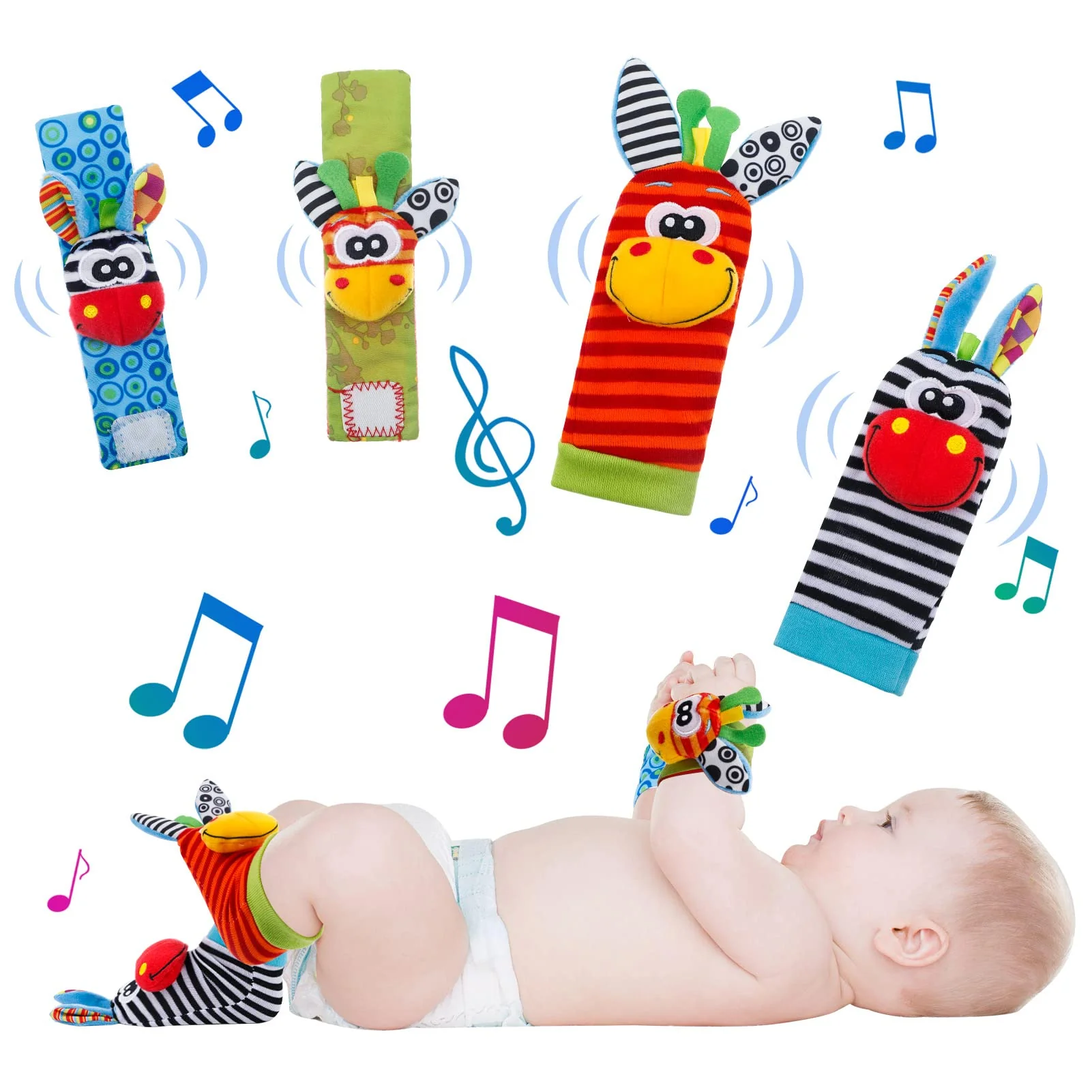 Yorgewd 4 Pack Baby Rasseln Spielzeug Handgelenk und Socken, Weiches Plüsch Entwicklungs Spielzeug Baby Geschenk für Neugeborene Mädchen und Jungen
