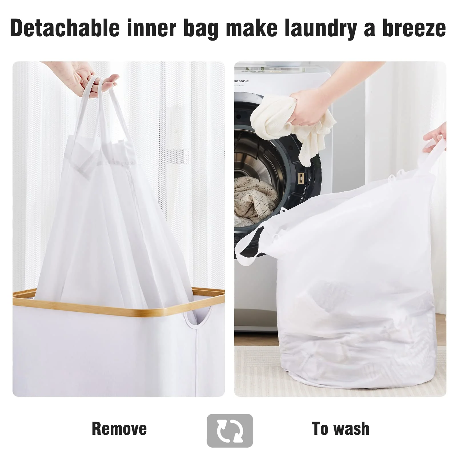 YOUDENOVA Wäschekorb mit Deckel 85L Wäschesammler schmal mit Wäschesack Groß faltbarer Wäschesortierer Holz Bambus Wäschetruhe hoch Laundry Baskets, Weiß - Image 5