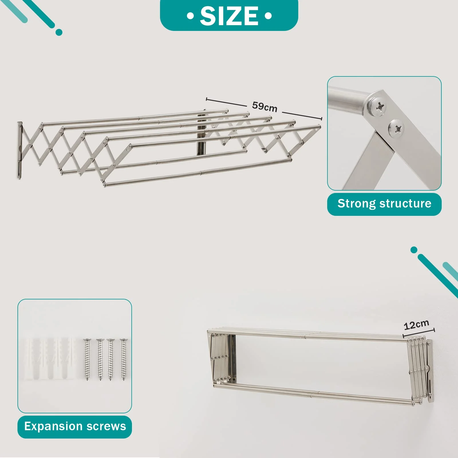 YOUDENOVA Wäscheständer Wandmontage, Wäschetrockner Wand ausziehbar mit 7 Stangen, platzsparender Trockenständer für Waschraum, Handtuchhalter aus Metall für Bad, (42-80) x 59 x 19cm, Silber - Image 4