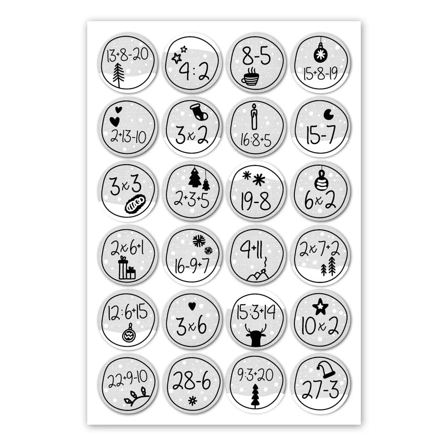 younikat 24 Adventskalender Zahlen Aufkleber mit Rechenaufgaben - Rund 4 cm - Mathe Zahlen für Adventskalender - Weihnachtsaufkleber und Geschenkaufkleber selbstklebend I dv387