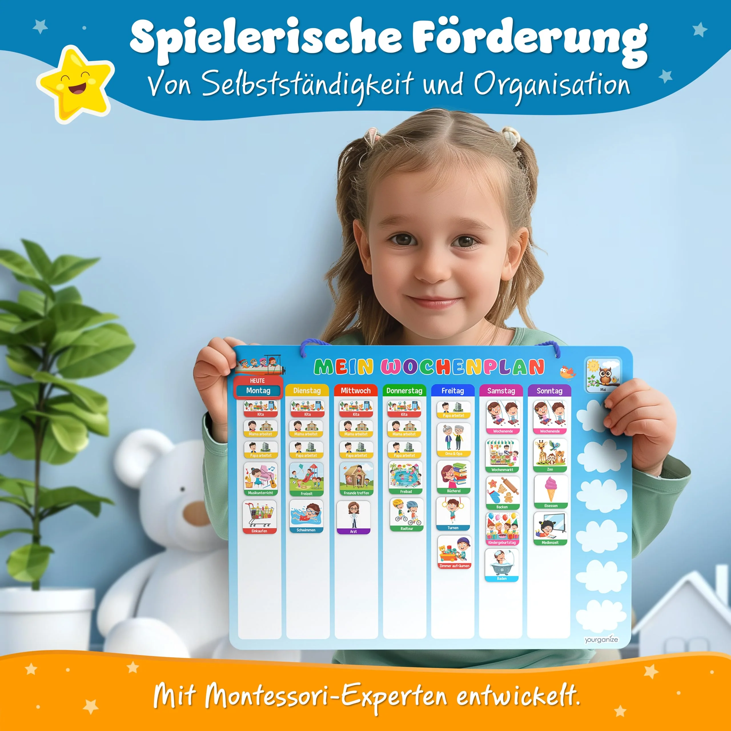 YOURGANIZE® 2-in-1 Wochenplaner Kinder & Tagesplaner Kinder inkl. 196 Magnete + 160 Sticker zum Personalisieren - Routine Planer Kinder - Image 2