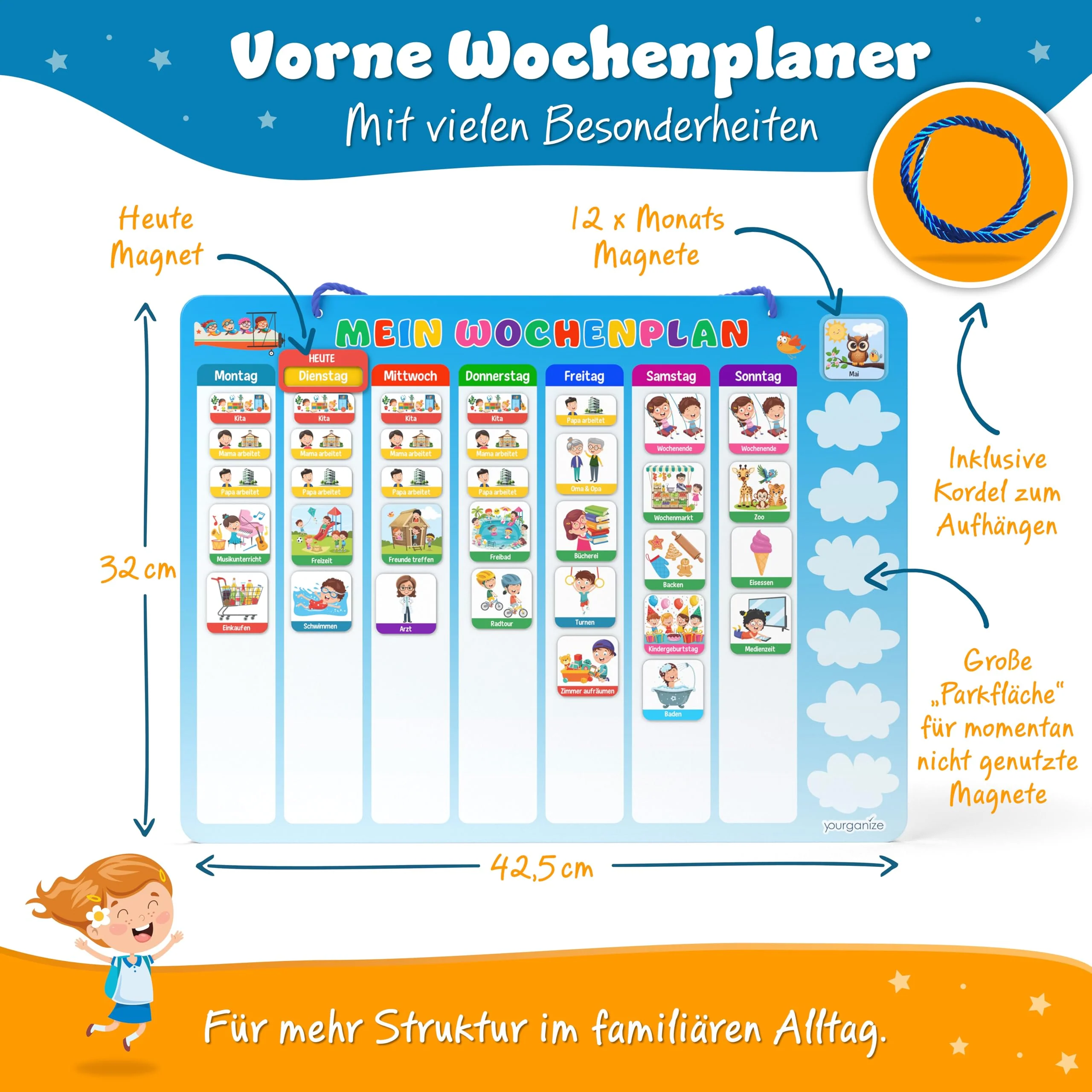 YOURGANIZE® 2-in-1 Wochenplaner Kinder & Tagesplaner Kinder inkl. 196 Magnete + 160 Sticker zum Personalisieren - Routine Planer Kinder - Image 3