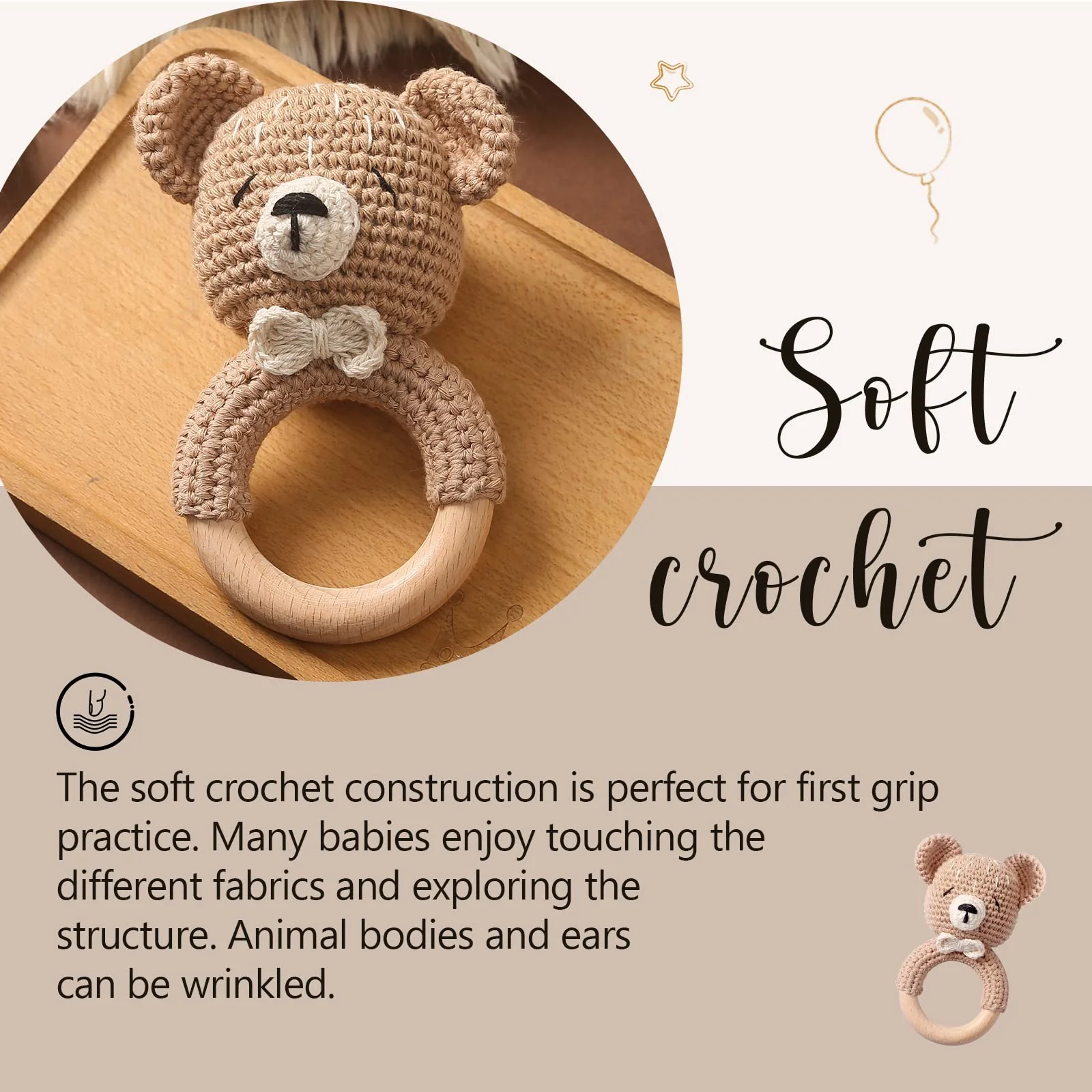 Youuys Babyrassel Gehäkelte Holz Häkeln Tiere Greifling Baby Holz Rassel Baby mit Sound Handmade Rassel für Neugeborenes Baby Geschenk Junge und Mädchen Geschenk zur Geburt (Kleiner Bär) - Image 2