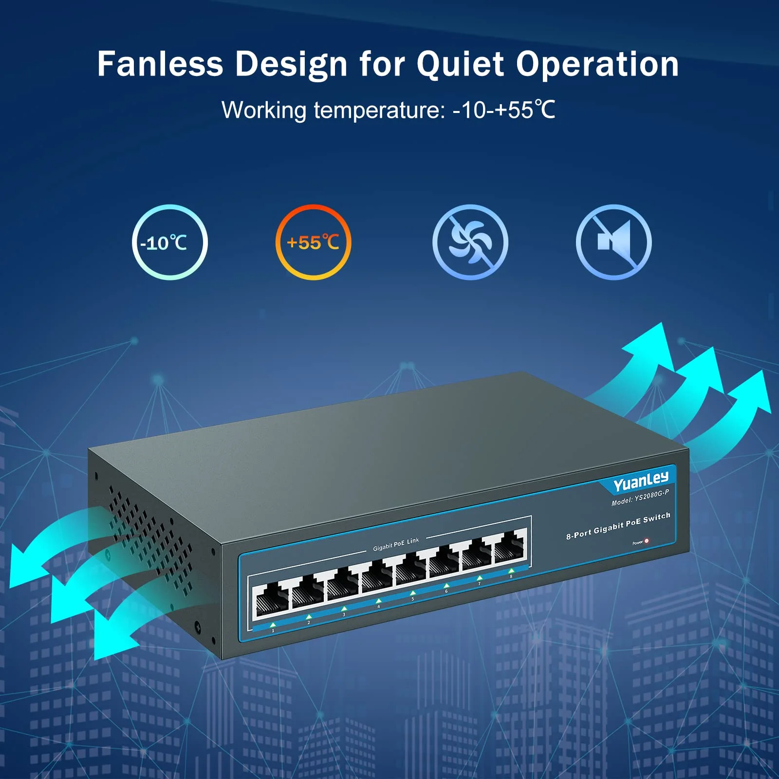 YuanLey 8 Port Gigabit PoE Switch, 8 PoE+ Port 1000Mbps, 120W 802.3af/at, Metal Fanless Unmanaged Plug and Play - Image 5