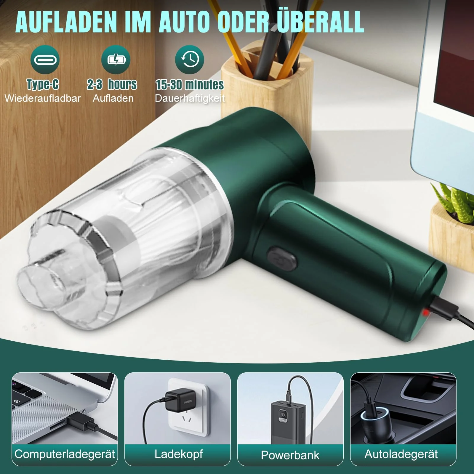 YUEJIDZ Handstaubsauger Akku Kabellos, 7000Pa Auto Staubsauger Stark, Tragbarer Mini Handstaubsauger Kabellos Handsauger, Typ-C-Aufladung Autostaubsauger für den Auto Haus Küche Büro Tierhaare - Image 6