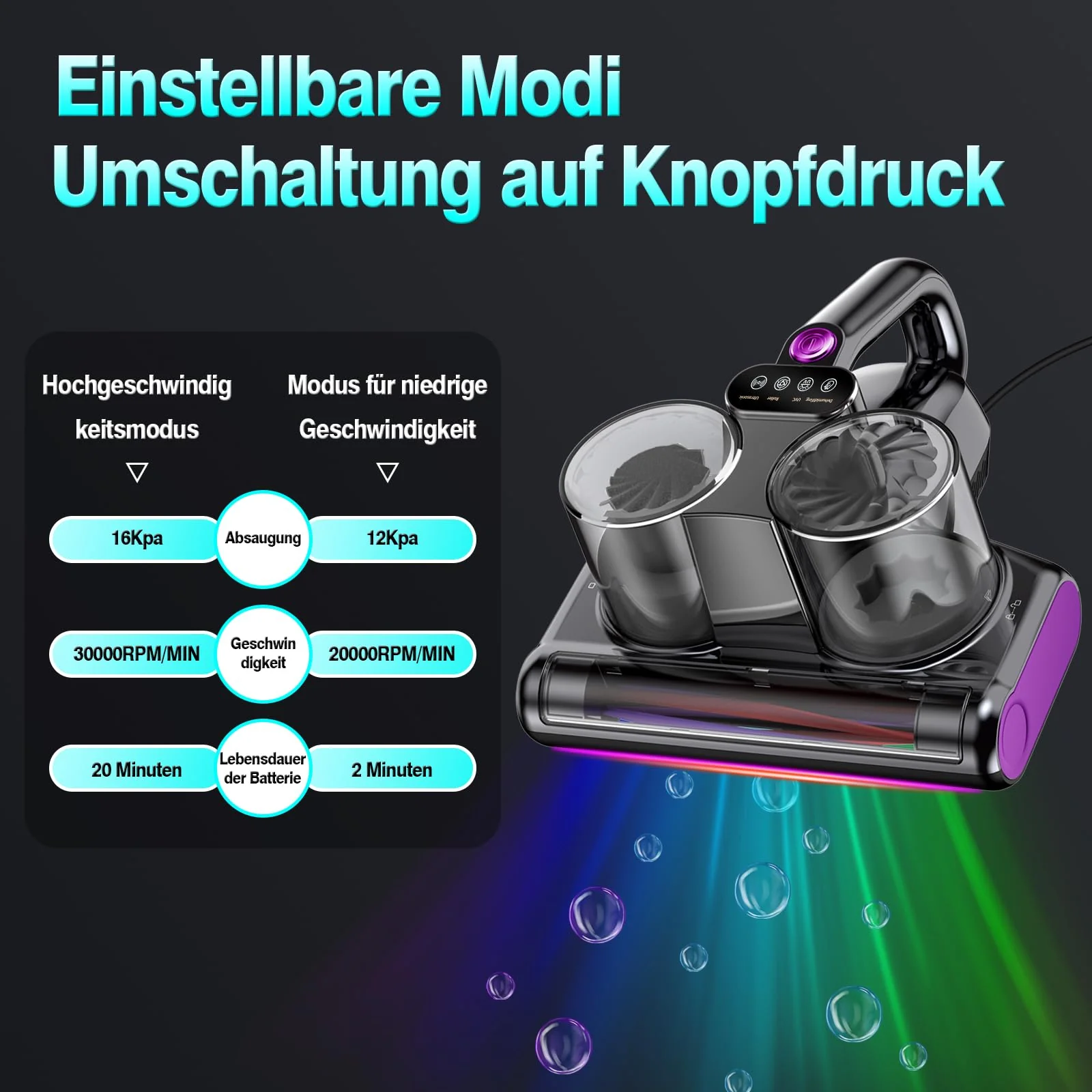 YUFAC Milbensauger für Matratze, 16Kpa Matratzenreiniger Bettstaubsauger mit UV-Licht, Heißluftfunktion, Staubmilben-Sensor, HEPA-Filter, 500W Handstaubsauger für Matratze Sofa Bett, Dunkelgrau - Image 2
