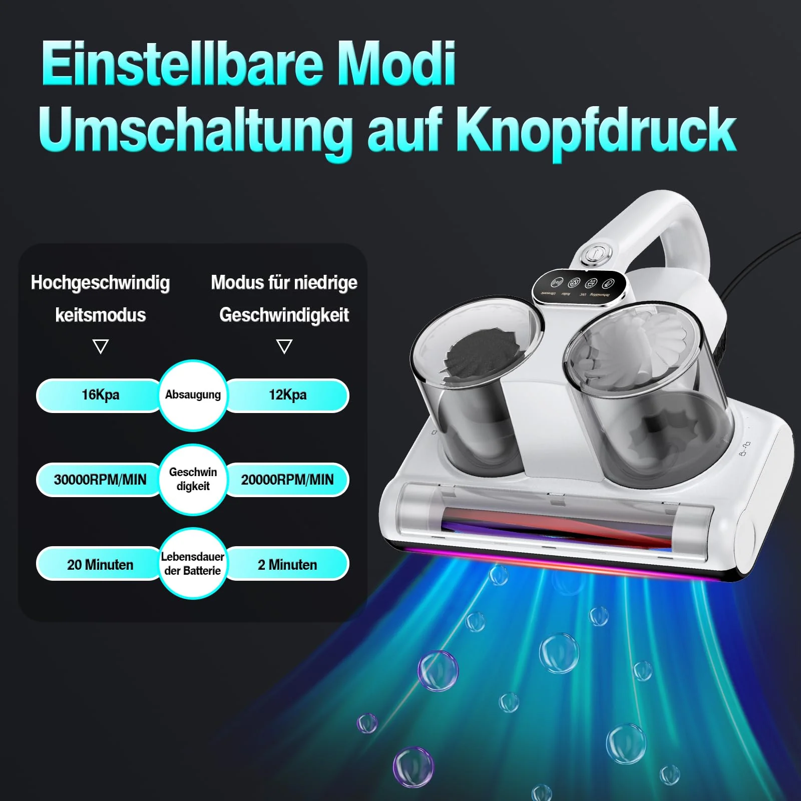 YUFAC Milbensauger für Matratze, 16Kpa Matratzenreiniger Bettstaubsauger mit UV-Licht, Heißluftfunktion, Staubmilben-Sensor, Ultraschall, HEPA-Filter, 500W Handstaubsauger für Matratze Sofa Bett, Weiß - Image 5