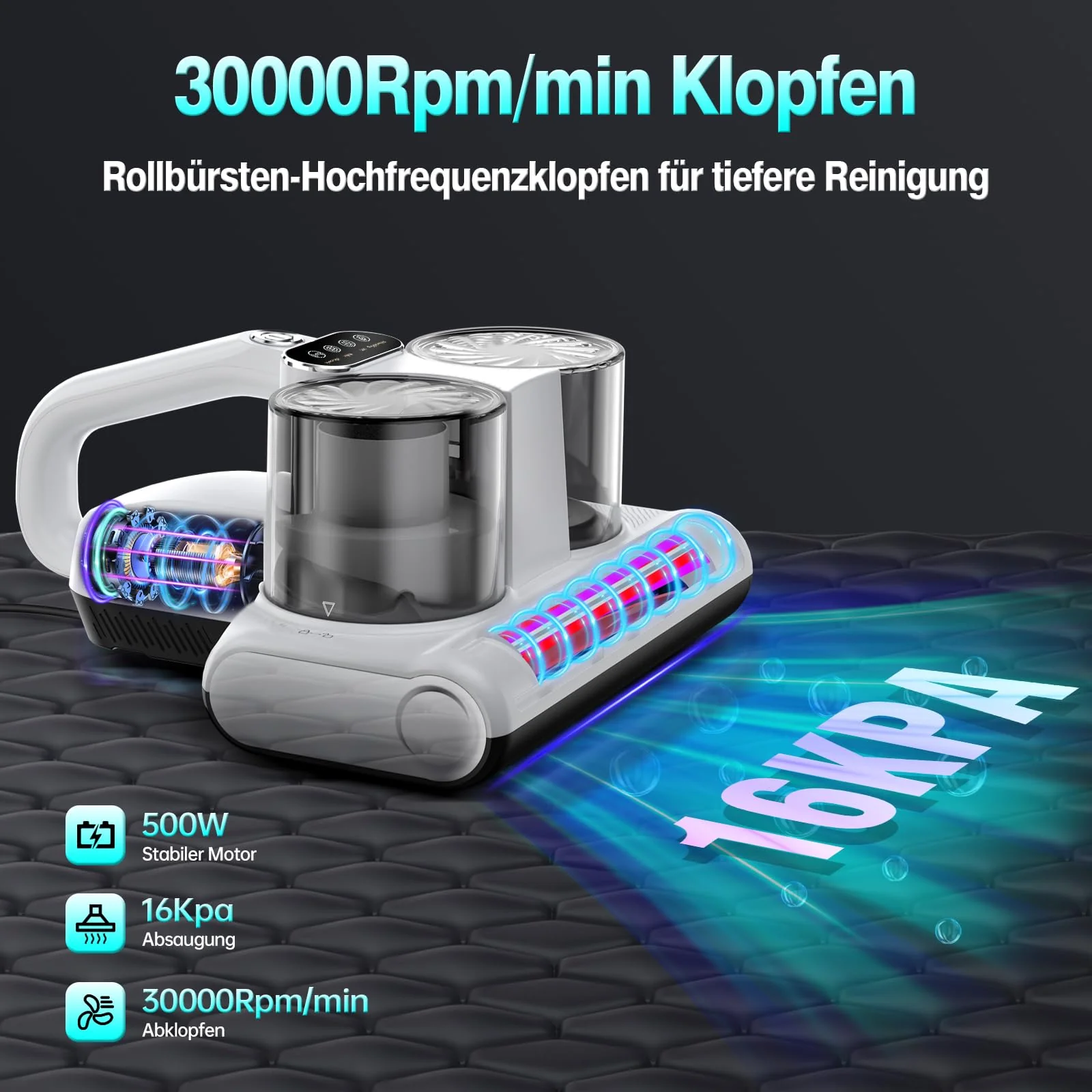 YUFAC Milbensauger für Matratze, 16Kpa Matratzenreiniger Bettstaubsauger mit UV-Licht, Heißluftfunktion, Staubmilben-Sensor, Ultraschall, HEPA-Filter, 500W Handstaubsauger für Matratze Sofa Bett, Weiß - Image 6