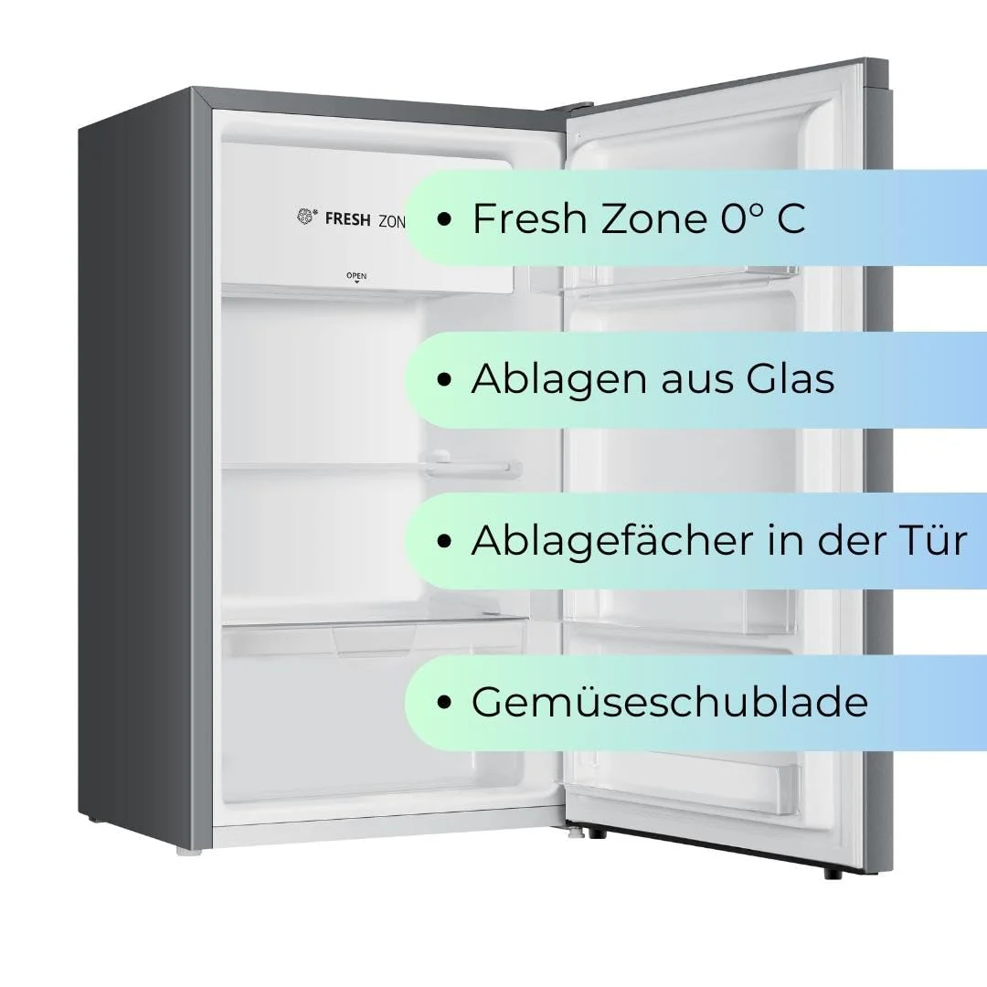 YUNA Kühlschrank SEREBRO E mit Fresh Zone/ 94L Nutzinhalt/Vollraumkühlschrank/ 84 cm hoch/ 86 kWh/Jahr/Türanschlag wechselbar/Leiser Betrieb 36 dB/Silbern - Image 3