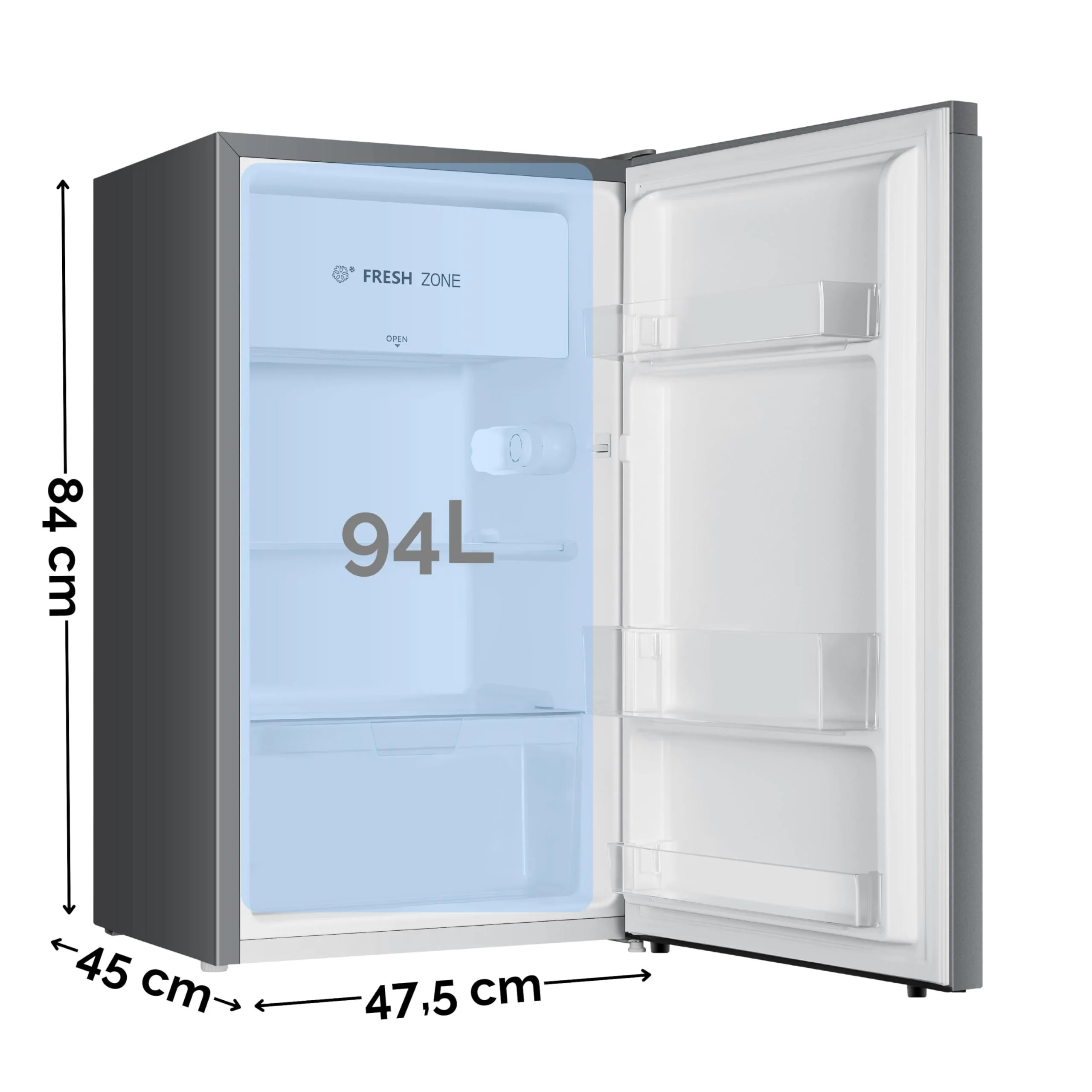 YUNA Kühlschrank SEREBRO E mit Fresh Zone/ 94L Nutzinhalt/Vollraumkühlschrank/ 84 cm hoch/ 86 kWh/Jahr/Türanschlag wechselbar/Leiser Betrieb 36 dB/Silbern - Image 5