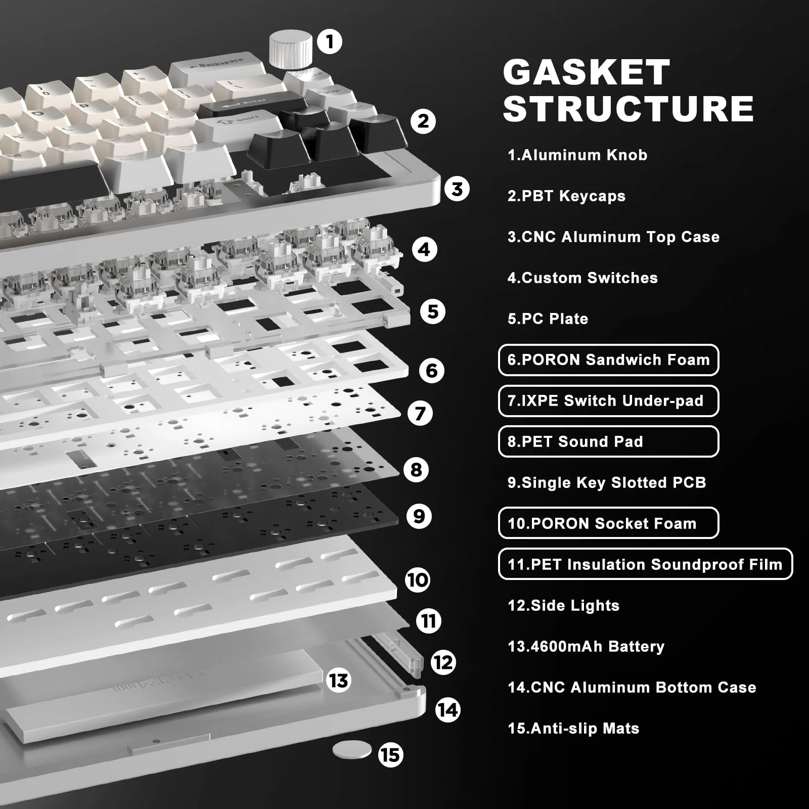 YUNZII AL66 Kabellose mechanische Tastatur, 65% Drehregler Aluminium Gaming Tastatur Bluetooth/2.4G/Wired Hot Swappable Switches, Dichtung montiert RGB Tastatur für Win/Mac(Milchschalter, Silber) - Image 2