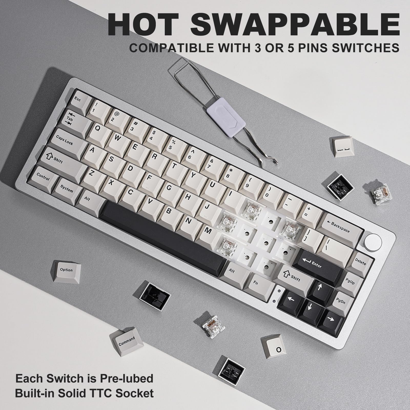 YUNZII AL66 Kabellose mechanische Tastatur, 65% Drehregler Aluminium Gaming Tastatur Bluetooth/2.4G/Wired Hot Swappable Switches, Dichtung montiert RGB Tastatur für Win/Mac(Milchschalter, Silber) - Image 3