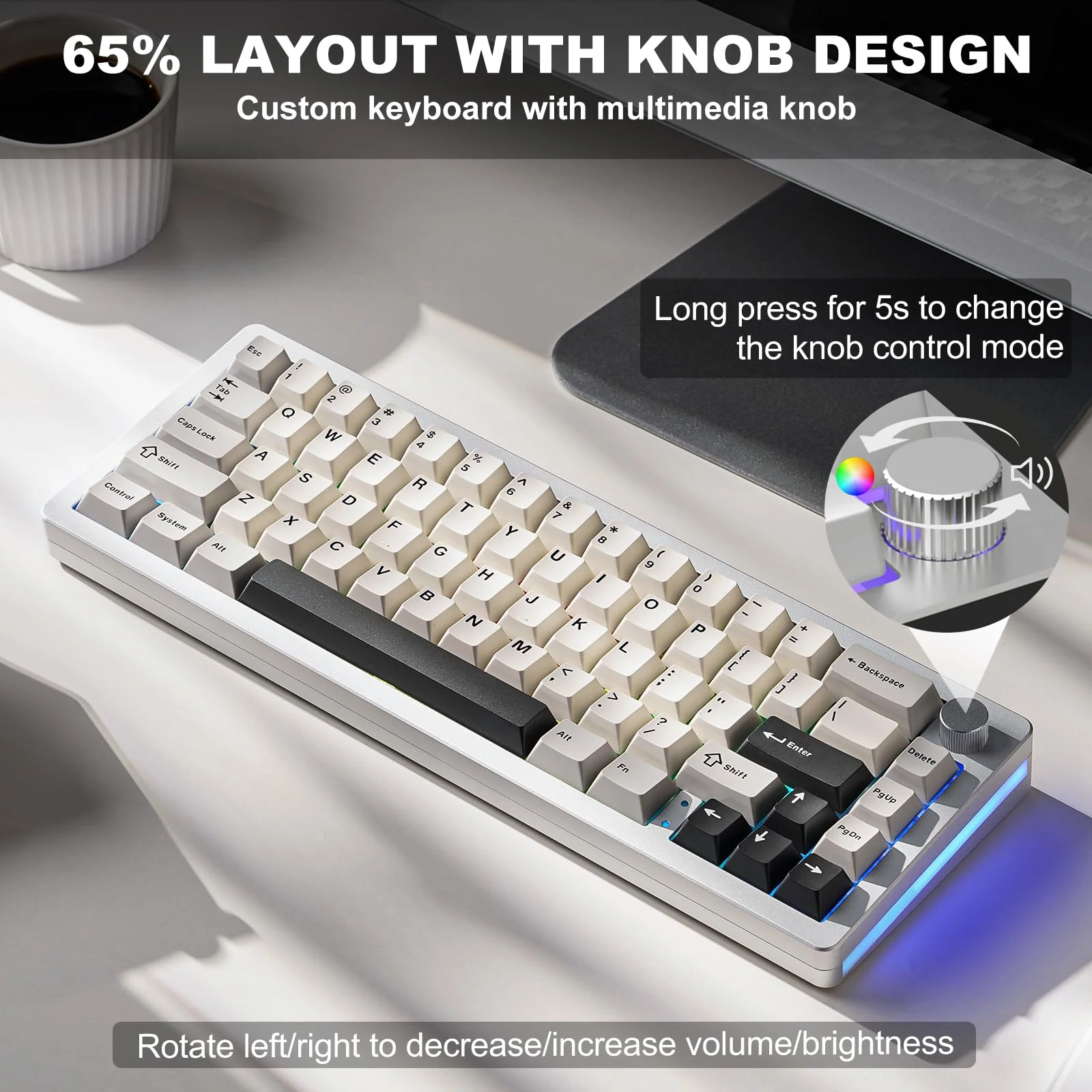 YUNZII AL66 Kabellose mechanische Tastatur, 65% Drehregler Aluminium Gaming Tastatur Bluetooth/2.4G/Wired Hot Swappable Switches, Dichtung montiert RGB Tastatur für Win/Mac(Milchschalter, Silber) - Image 7