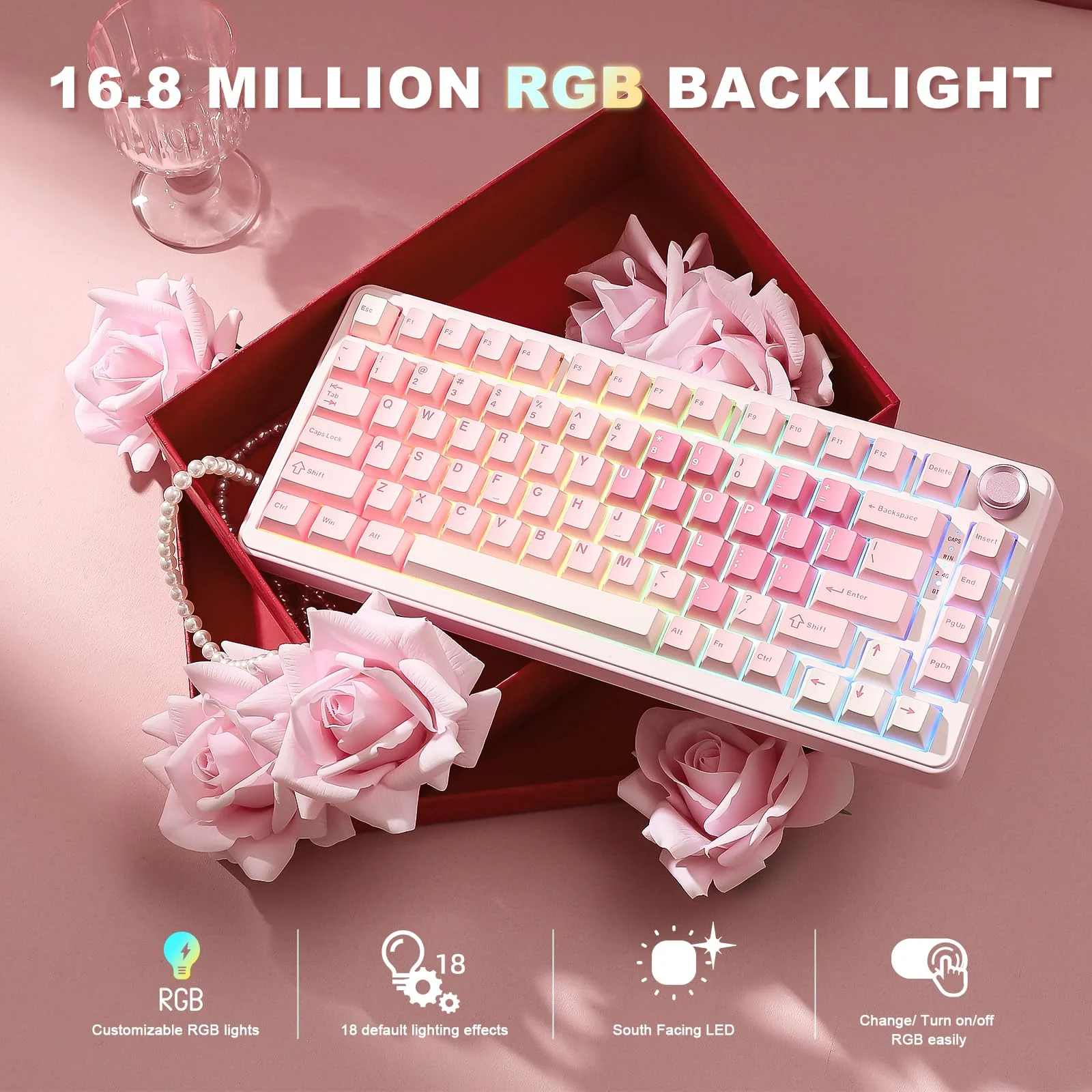 YUNZII B75 PRO Drahtlose Mechanische Tastatur, 75% Gaming Tastatur Dichtung Hot Swap Custom Tastatur mit Knopf, Vorgeschmierte Schalter RGB, Tri-Mode Tastatur (Pink, Cocoa Cream V2 Switch) - Image 2