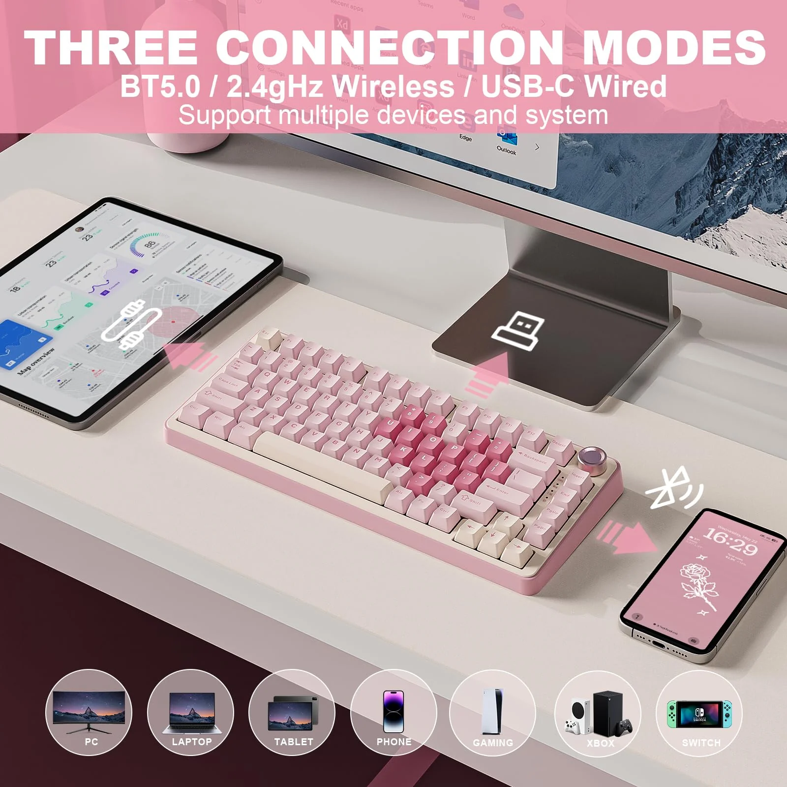 YUNZII B75 PRO Drahtlose Mechanische Tastatur, 75% Gaming Tastatur Dichtung Hot Swap Custom Tastatur mit Knopf, Vorgeschmierte Schalter RGB, Tri-Mode Tastatur (Pink, Cocoa Cream V2 Switch) - Image 4
