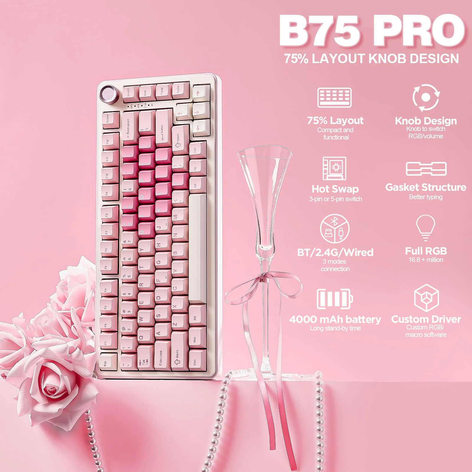 YUNZII B75 PRO Drahtlose Mechanische Tastatur, 75% Gaming Tastatur Dichtung Hot Swap Custom Tastatur mit Knopf, Vorgeschmierte Schalter RGB, Tri-Mode Tastatur (Pink, Cocoa Cream V2 Switch) - Image 5