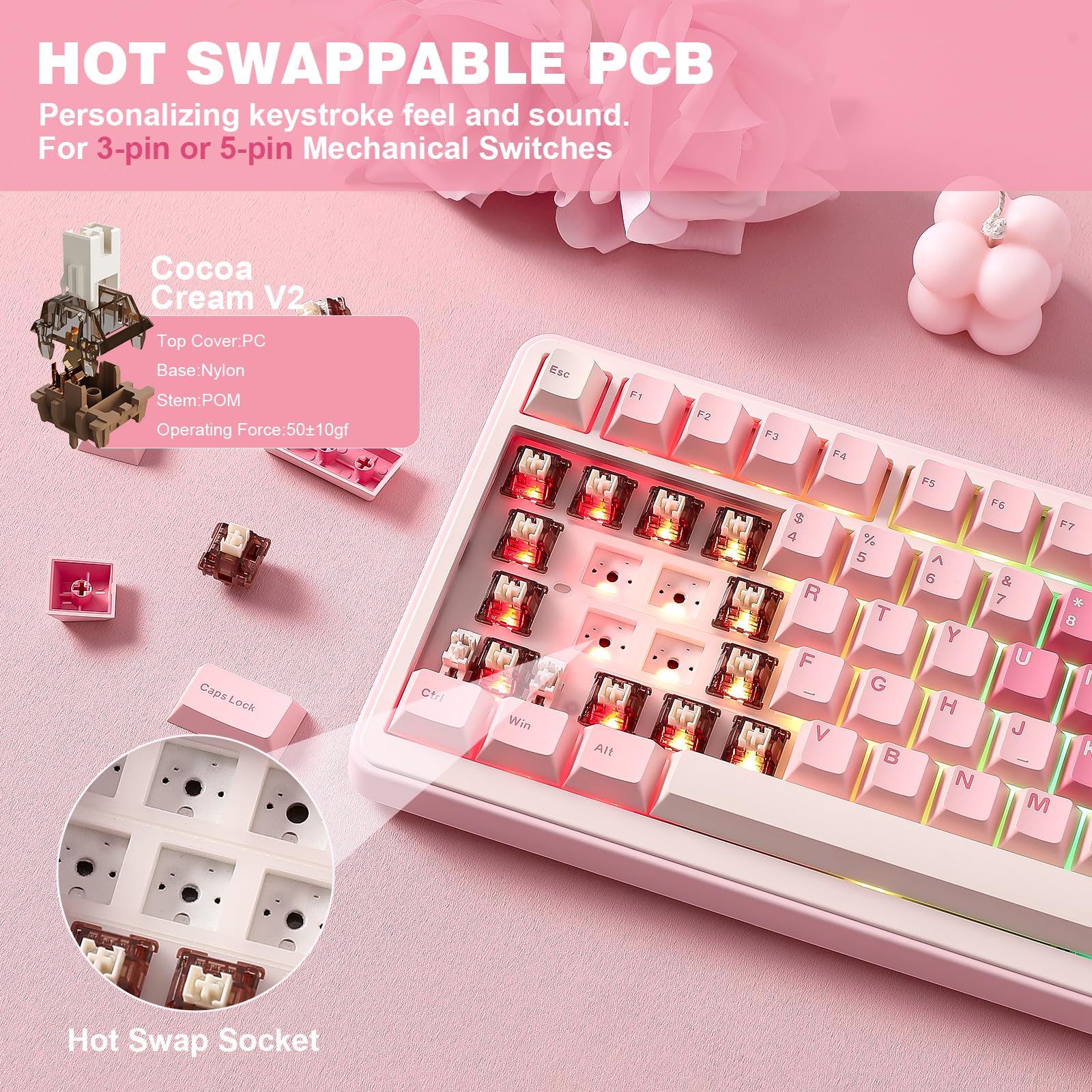 YUNZII B75 PRO Drahtlose Mechanische Tastatur, 75% Gaming Tastatur Dichtung Hot Swap Custom Tastatur mit Knopf, Vorgeschmierte Schalter RGB, Tri-Mode Tastatur (Pink, Cocoa Cream V2 Switch) - Image 6