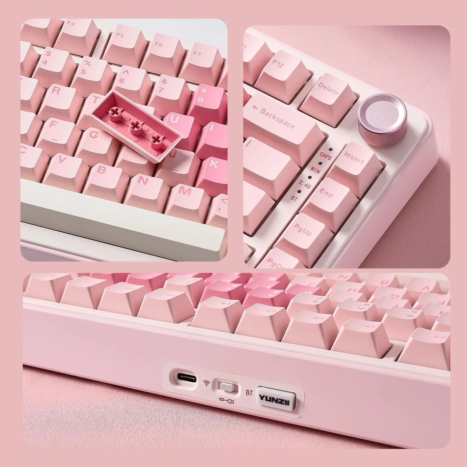 YUNZII B75 PRO Drahtlose Mechanische Tastatur, 75% Gaming Tastatur Dichtung Hot Swap Custom Tastatur mit Knopf, Vorgeschmierte Schalter RGB, Tri-Mode Tastatur (Pink, Cocoa Cream V2 Switch) - Image 8