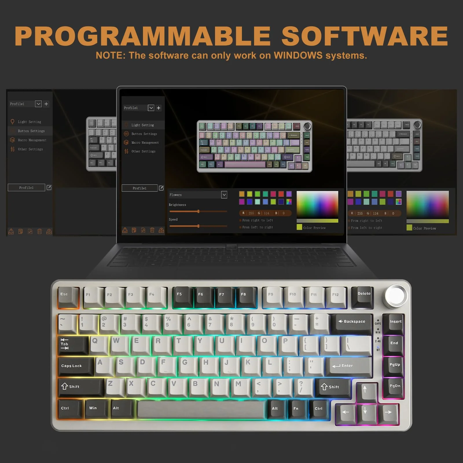 YUNZII B75 PRO Drahtlose Mechanische Tastatur, 75% Gaming Tastatur Dichtung Hot Swap Tastatur mit Knopf, Vorgeschmierte Schalter RGB, BT/Type-C/2.4G Creamy Tastatur(Cocoa Cream V2 Switch,Grau)