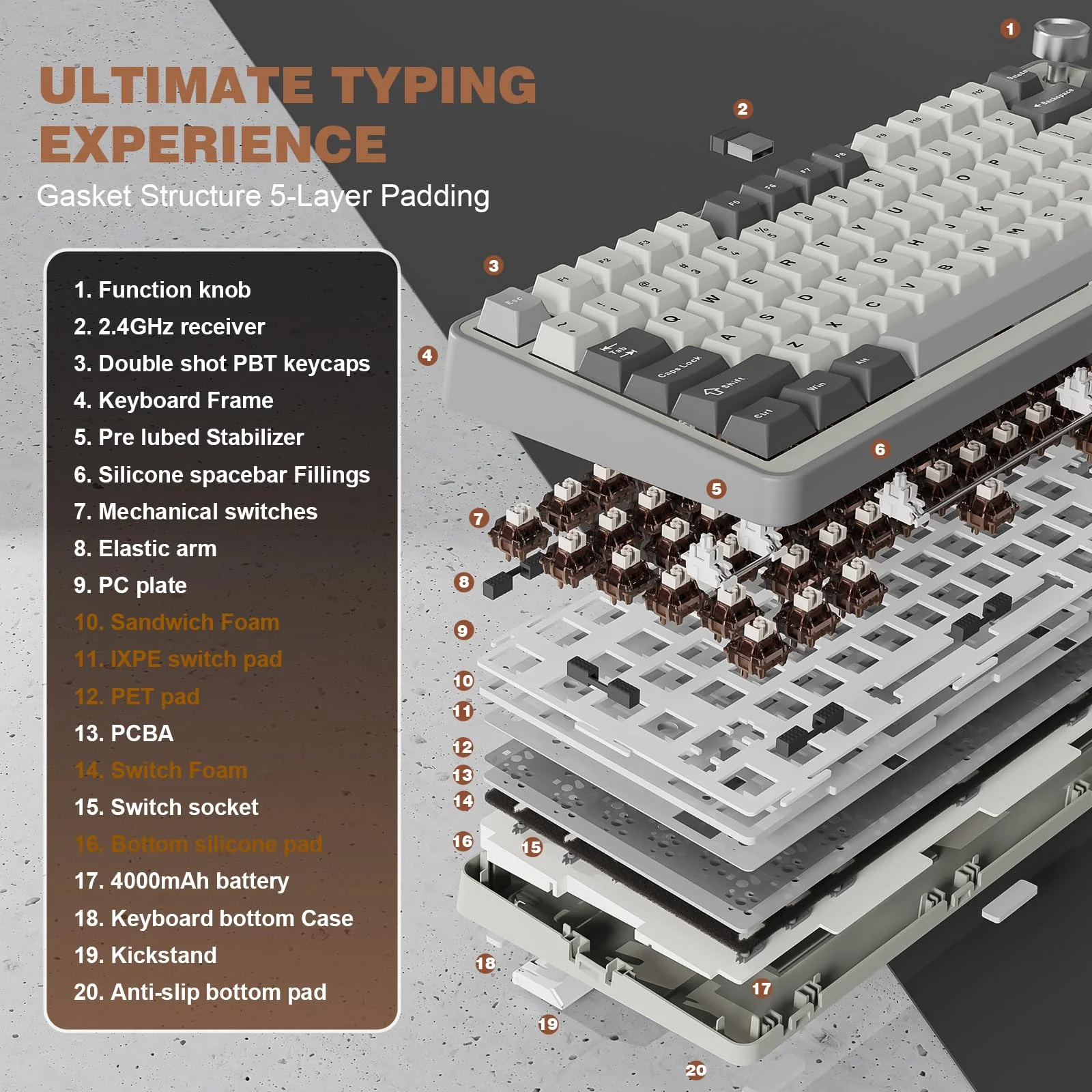 YUNZII B75 PRO Drahtlose Mechanische Tastatur, 75% Gaming Tastatur Dichtung Hot Swap Tastatur mit Knopf, Vorgeschmierte Schalter RGB, BT/Type-C/2.4G Creamy Tastatur(Cocoa Cream V2 Switch,Grau) - Image 2