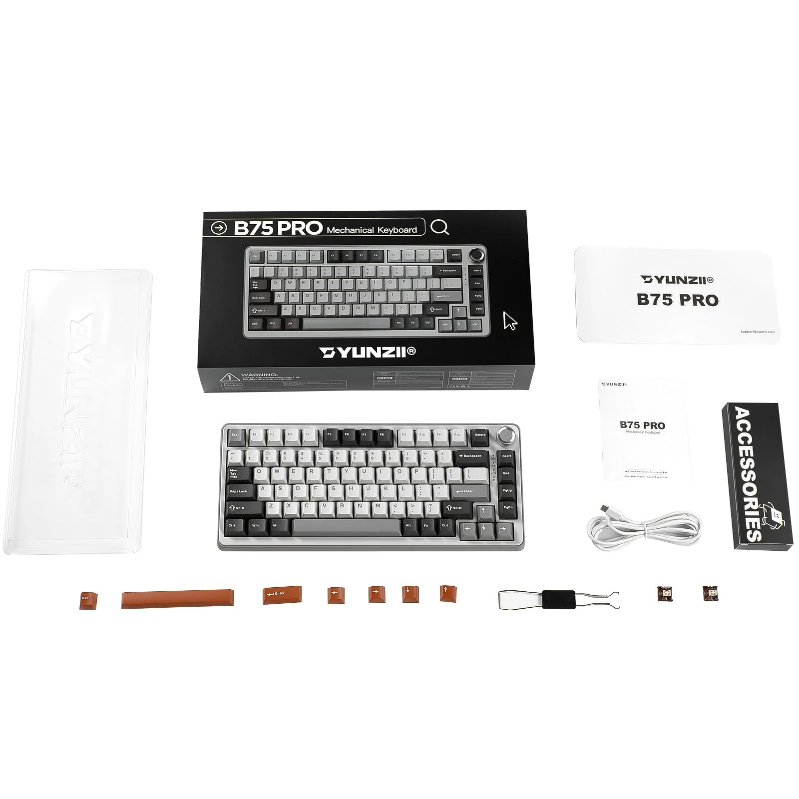YUNZII B75 PRO Drahtlose Mechanische Tastatur, 75% Gaming Tastatur Dichtung Hot Swap Tastatur mit Knopf, Vorgeschmierte Schalter RGB, BT/Type-C/2.4G Creamy Tastatur(Cocoa Cream V2 Switch,Grau) - Image 3