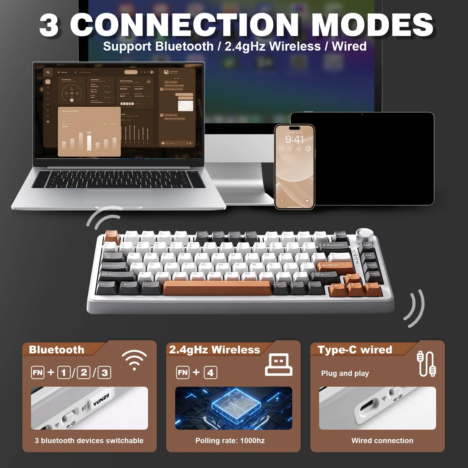 YUNZII B75 PRO Drahtlose Mechanische Tastatur, 75% Gaming Tastatur Dichtung Hot Swap Tastatur mit Knopf, Vorgeschmierte Schalter RGB, BT/Type-C/2.4G Creamy Tastatur(Cocoa Cream V2 Switch,Grau) - Image 4
