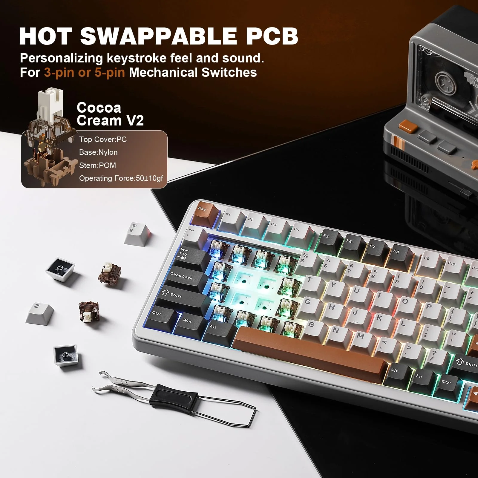 YUNZII B75 PRO Drahtlose Mechanische Tastatur, 75% Gaming Tastatur Dichtung Hot Swap Tastatur mit Knopf, Vorgeschmierte Schalter RGB, BT/Type-C/2.4G Creamy Tastatur(Cocoa Cream V2 Switch,Grau) - Image 5