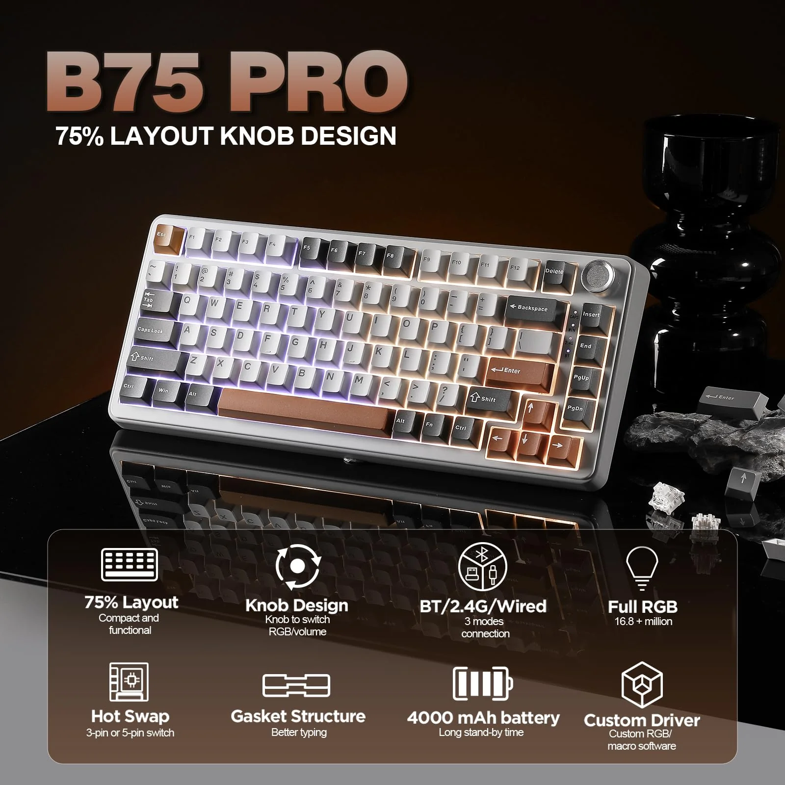 YUNZII B75 PRO Drahtlose Mechanische Tastatur, 75% Gaming Tastatur Dichtung Hot Swap Tastatur mit Knopf, Vorgeschmierte Schalter RGB, BT/Type-C/2.4G Creamy Tastatur(Cocoa Cream V2 Switch,Grau) - Image 7