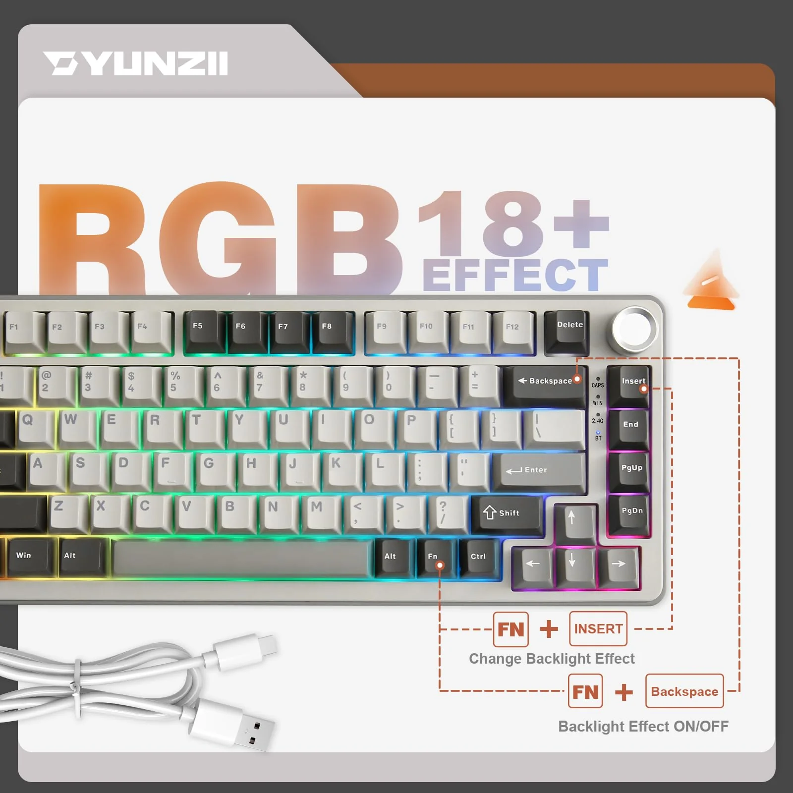 YUNZII B75 PRO Drahtlose Mechanische Tastatur, 75% Gaming Tastatur Dichtung Hot Swap Tastatur mit Knopf, Vorgeschmierte Schalter RGB, BT/Type-C/2.4G Creamy Tastatur(Cocoa Cream V2 Switch,Grau) - Image 9