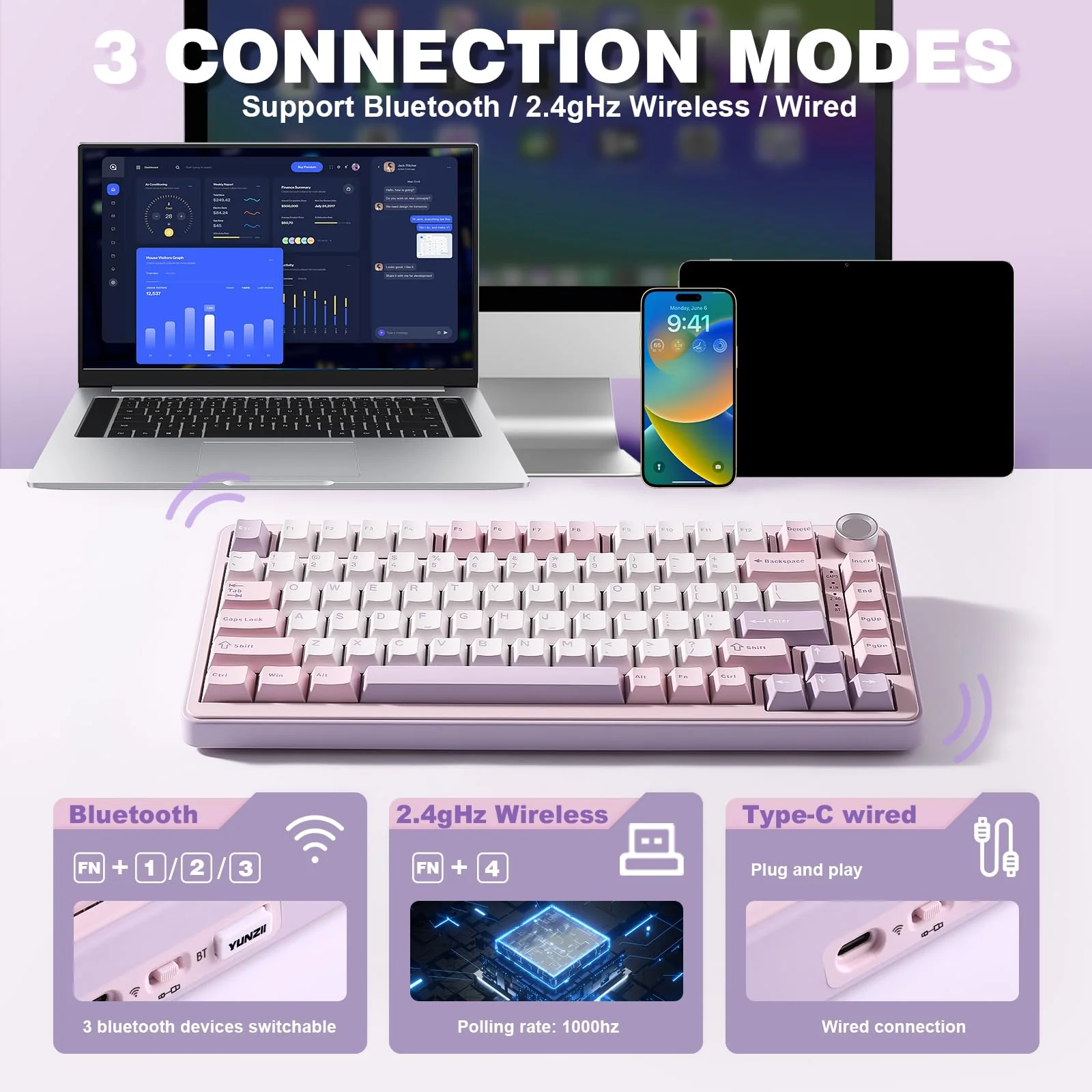 YUNZII B75 PRO Drahtlose Mechanische Tastatur, 75% Gaming Tastatur Dichtung Hot Swap Tastatur mit Knopf, Vorgeschmierte Schalter RGB, BT/Type-C/2.4G Creamy Tastatur(Cocoa Cream V2 Switch,Lila)