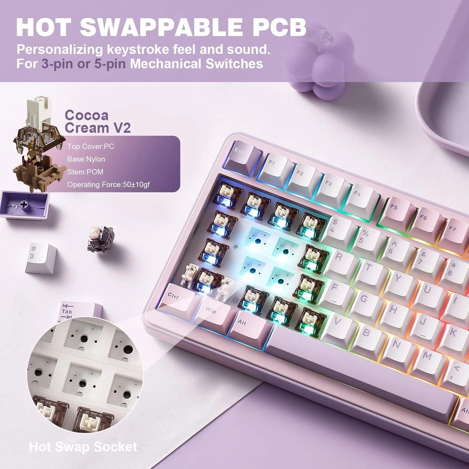 YUNZII B75 PRO Drahtlose Mechanische Tastatur, 75% Gaming Tastatur Dichtung Hot Swap Tastatur mit Knopf, Vorgeschmierte Schalter RGB, BT/Type-C/2.4G Creamy Tastatur(Cocoa Cream V2 Switch,Lila) - Image 3