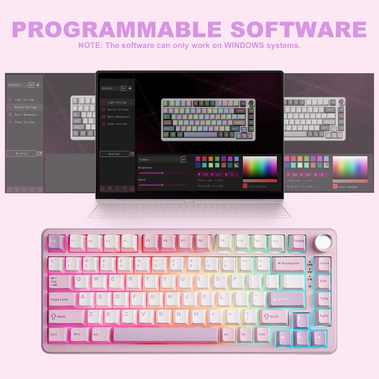 YUNZII B75 PRO Drahtlose Mechanische Tastatur, 75% Gaming Tastatur Dichtung Hot Swap Tastatur mit Knopf, Vorgeschmierte Schalter RGB, BT/Type-C/2.4G Creamy Tastatur(Cocoa Cream V2 Switch,Lila) - Image 4