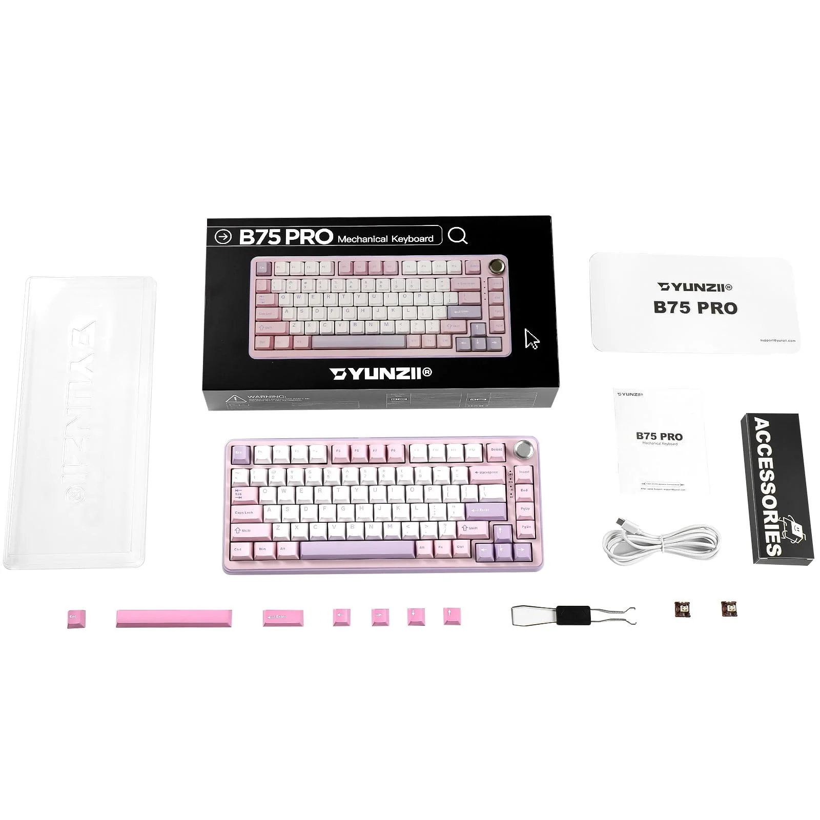 YUNZII B75 PRO Drahtlose Mechanische Tastatur, 75% Gaming Tastatur Dichtung Hot Swap Tastatur mit Knopf, Vorgeschmierte Schalter RGB, BT/Type-C/2.4G Creamy Tastatur(Cocoa Cream V2 Switch,Lila) - Image 5