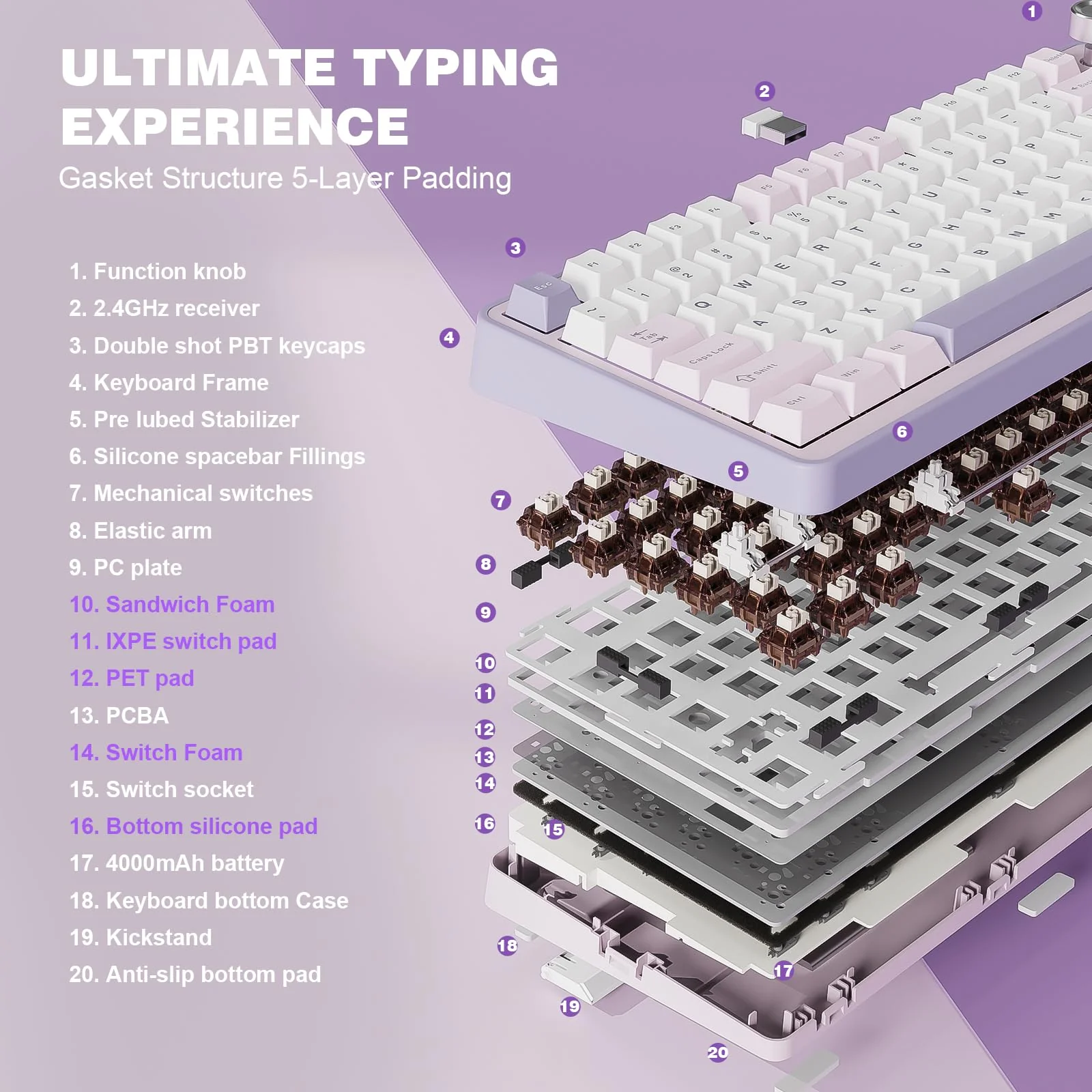 YUNZII B75 PRO Drahtlose Mechanische Tastatur, 75% Gaming Tastatur Dichtung Hot Swap Tastatur mit Knopf, Vorgeschmierte Schalter RGB, BT/Type-C/2.4G Creamy Tastatur(Cocoa Cream V2 Switch,Lila) - Image 6