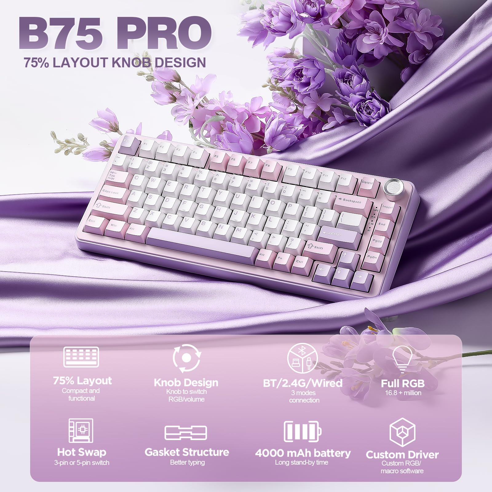 YUNZII B75 PRO Drahtlose Mechanische Tastatur, 75% Gaming Tastatur Dichtung Hot Swap Tastatur mit Knopf, Vorgeschmierte Schalter RGB, BT/Type-C/2.4G Creamy Tastatur(Cocoa Cream V2 Switch,Lila) - Image 7