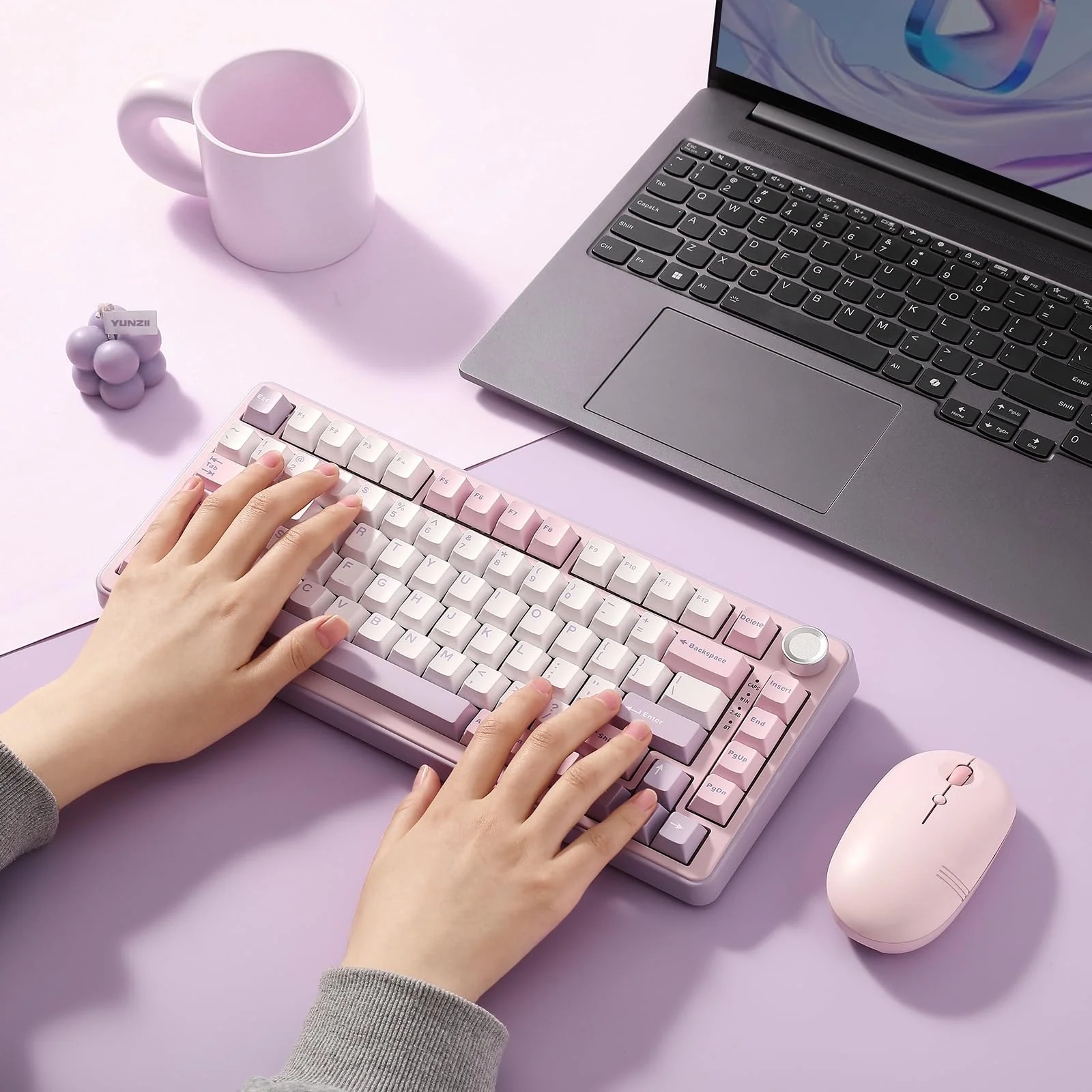 YUNZII B75 PRO Drahtlose Mechanische Tastatur, 75% Gaming Tastatur Dichtung Hot Swap Tastatur mit Knopf, Vorgeschmierte Schalter RGB, BT/Type-C/2.4G Creamy Tastatur(Cocoa Cream V2 Switch,Lila) - Image 8