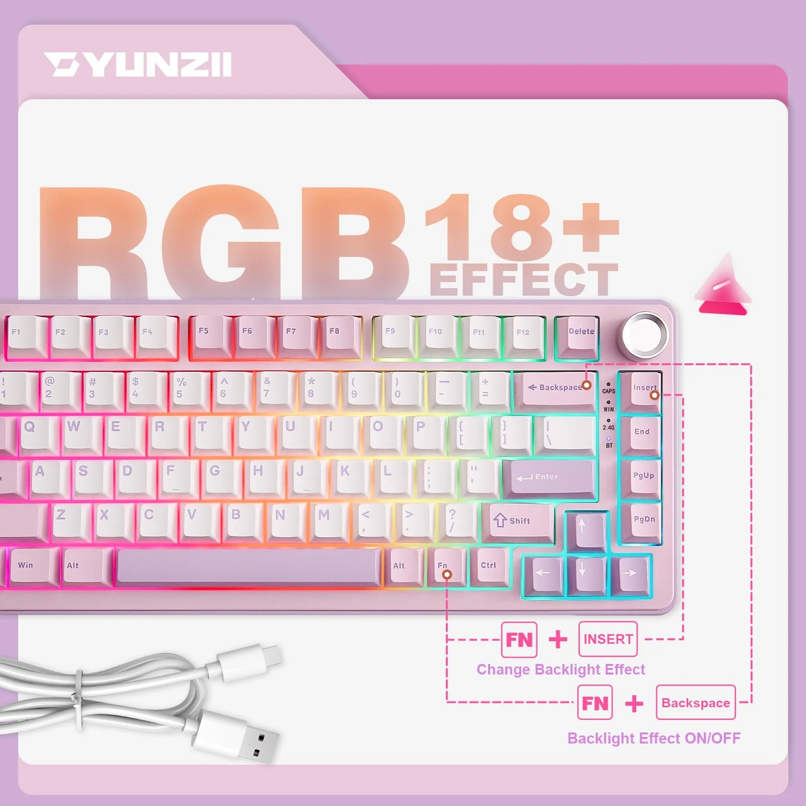 YUNZII B75 PRO Drahtlose Mechanische Tastatur, 75% Gaming Tastatur Dichtung Hot Swap Tastatur mit Knopf, Vorgeschmierte Schalter RGB, BT/Type-C/2.4G Creamy Tastatur(Cocoa Cream V2 Switch,Lila) - Image 9