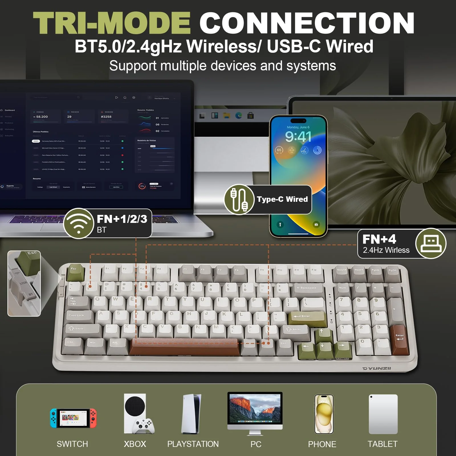 YUNZII B98 Wireless Mechanical Keyboard, Hot Swappable Custom Keyboard with Numpad, Pre-lubed Linear Switches, Gasket Mounted RGB Backlit Gaming Keyboard (beige, Cocoa Cream v2 linear Switch) - Image 3
