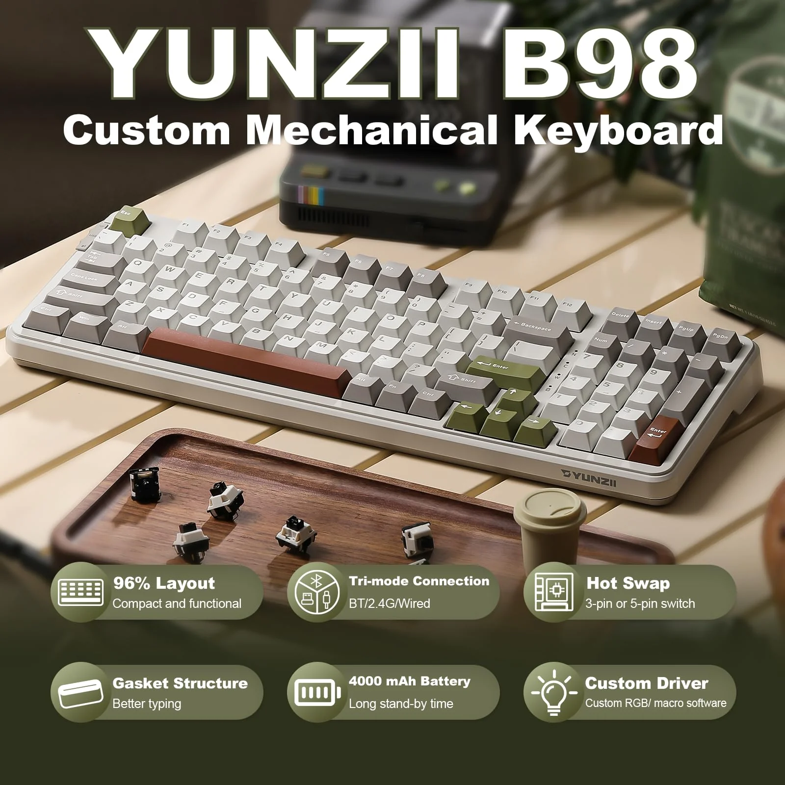 YUNZII B98 Wireless Mechanical Keyboard, Hot Swappable Custom Keyboard with Numpad, Pre-lubed Linear Switches, Gasket Mounted RGB Backlit Gaming Keyboard (beige, Cocoa Cream v2 linear Switch) - Image 7
