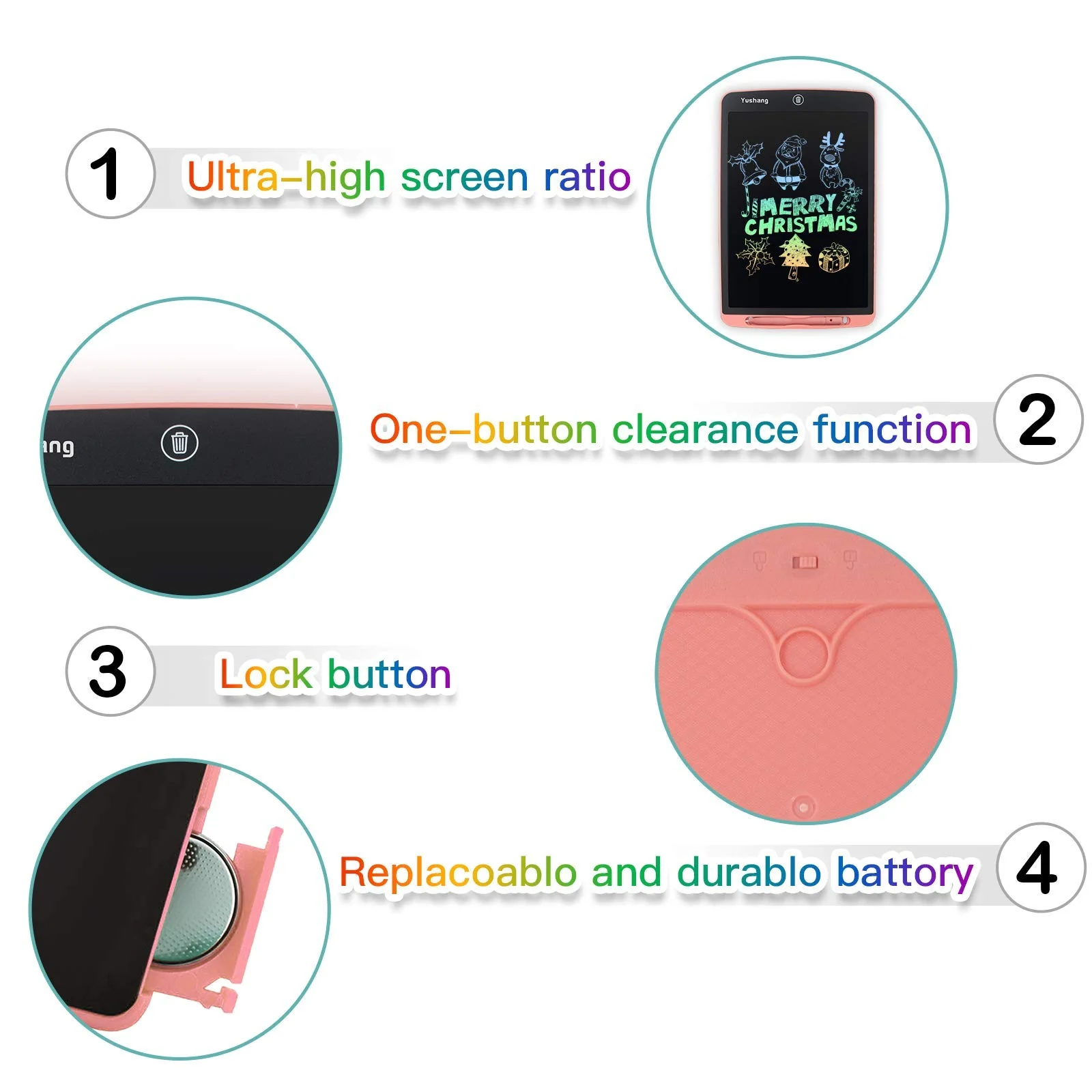 YUSHANG LCD Schreibtafel 12 Zoll Buntes LCD Zeichentablett Aldult LCD Notizblock Tragbare LCD Schreibtafel zum Schreiben von Malerei und Notizen(Rosa-12) - Image 3