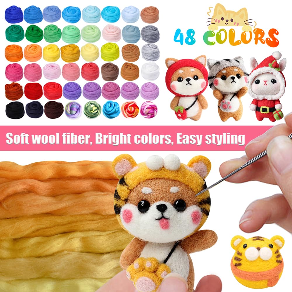 YUTUY 48 Farben Nadelfilz Set,Nadelfilz Starter Kit mit Filznadeln Grundwerkzeugen und Zubehör Wollfaser-Handspinnmaterial zum Basteln für Anfänger,Nassfilzen und Trockenfilzen DIY Handwerk - Image 6